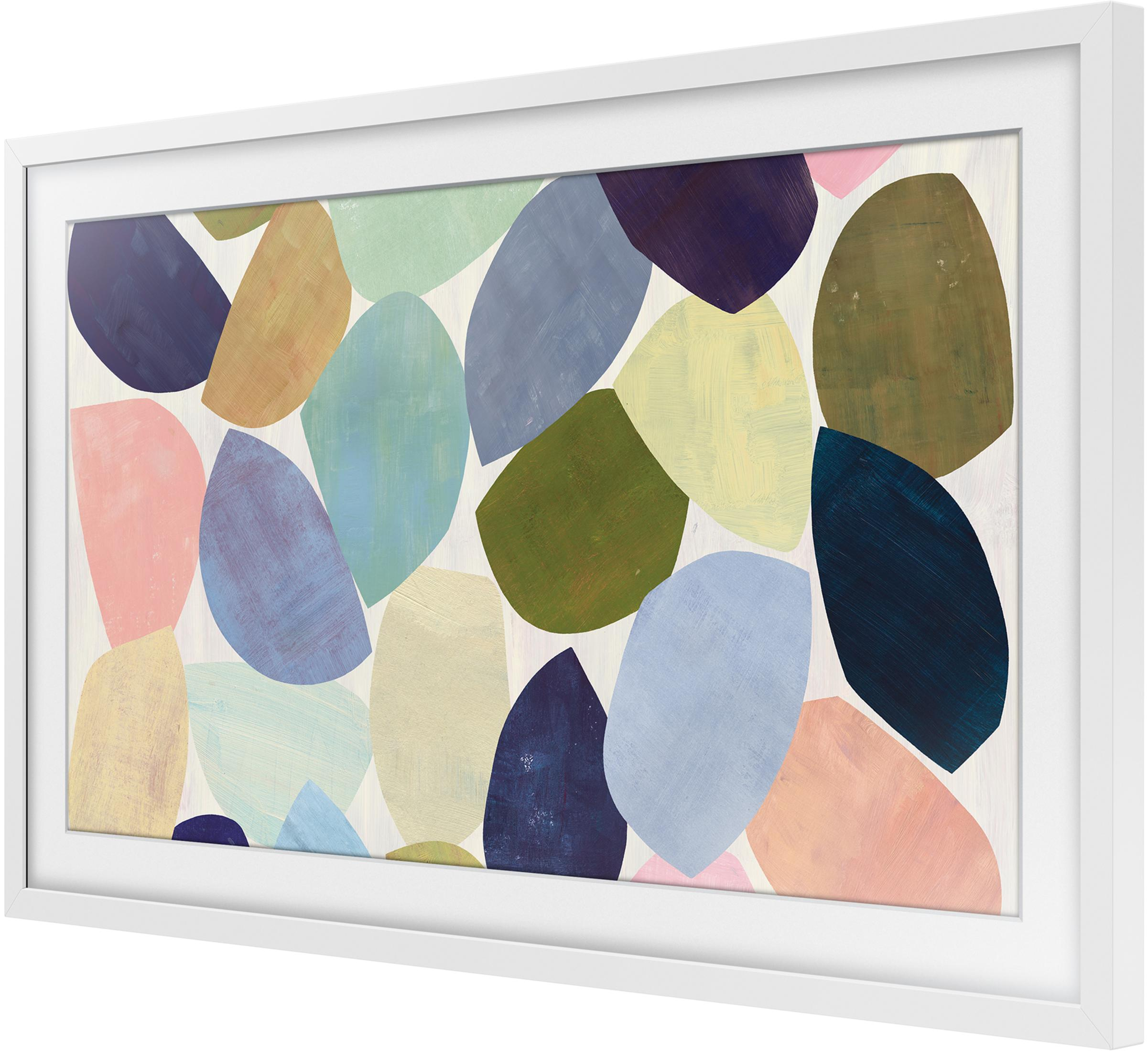 Een witte lijst omkadert een abstract patroon van kleurrijke, organische vormen.