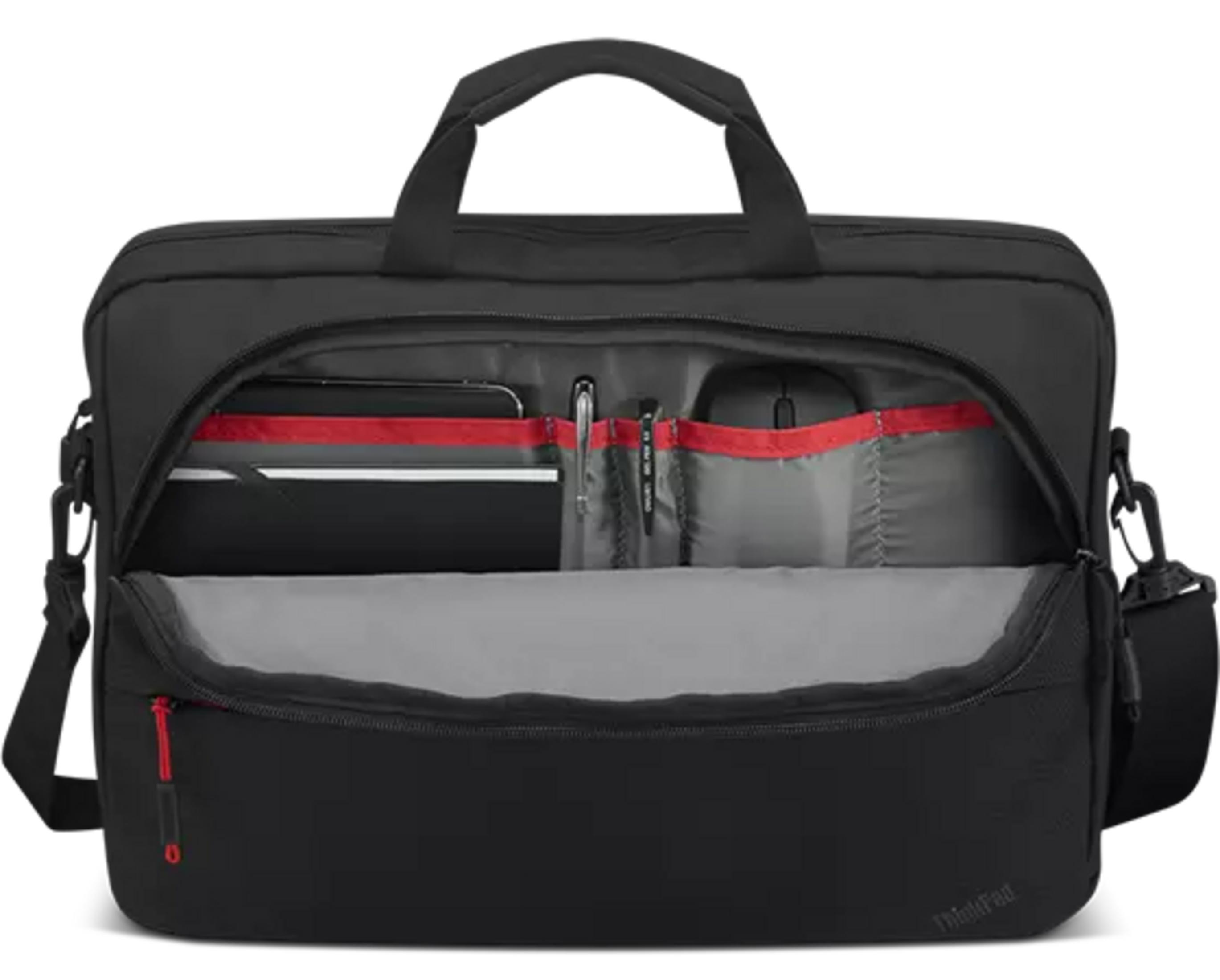 Borsa porta PC nera con scomparto principale aperto contenente penne, mouse e tablet.