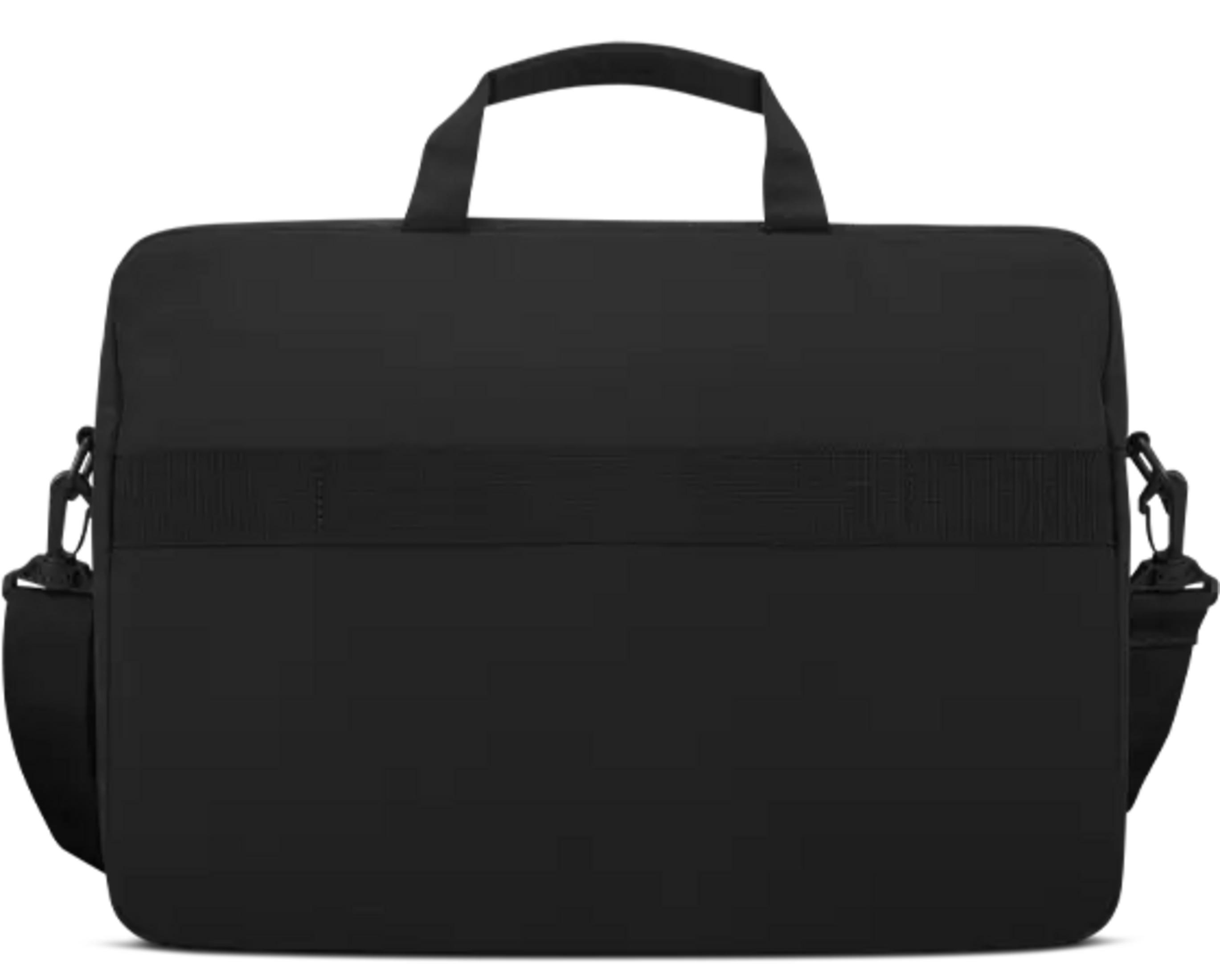 Borsa nera per laptop con due manici e tracolla.