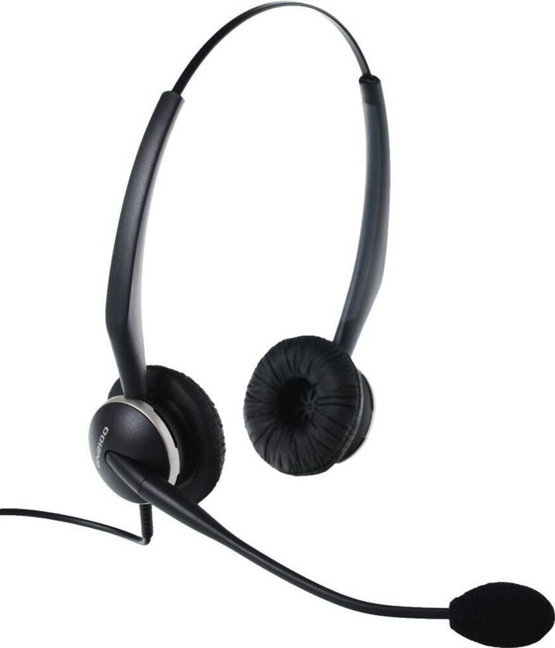 Un auricular negro con micrófono y almohadillas sobre fondo blanco.