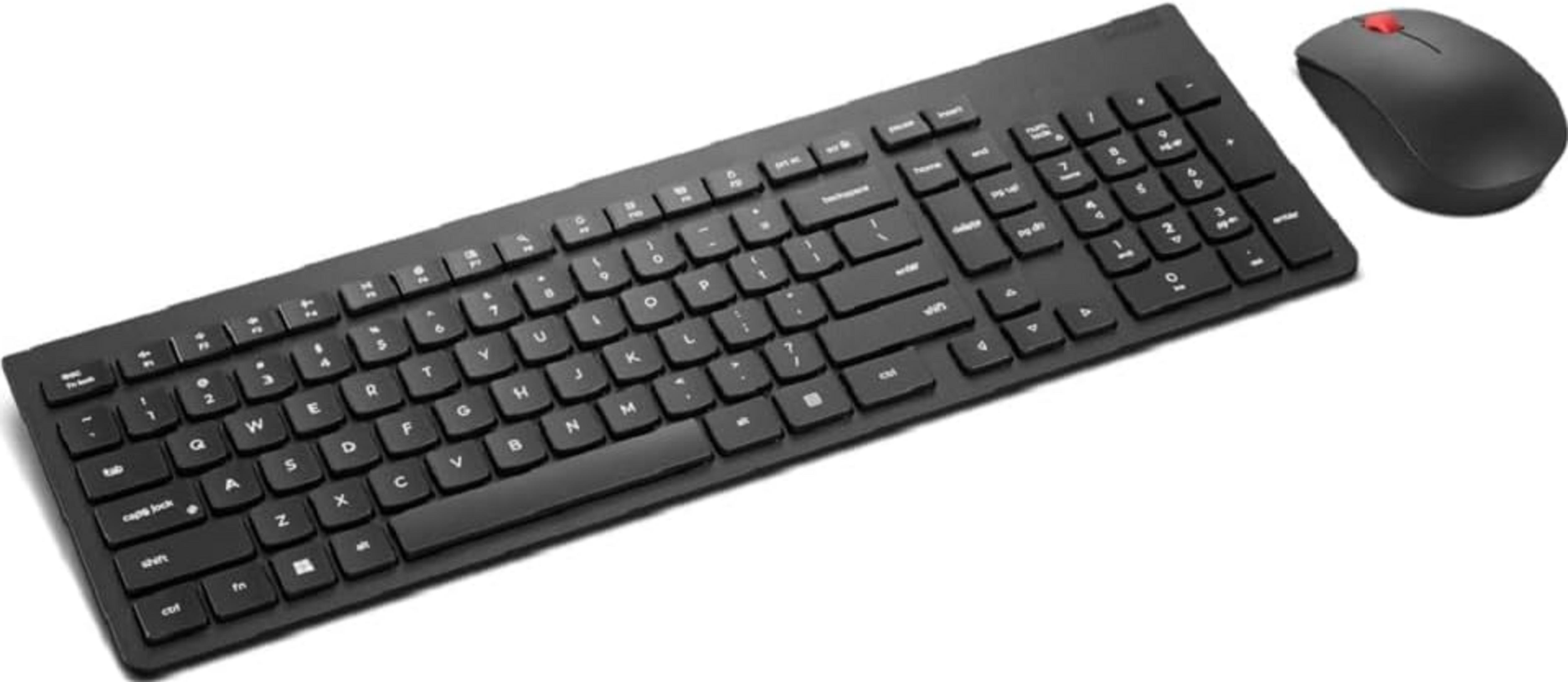 Teclado y ratón negros con rueda de desplazamiento roja sobre fondo blanco.