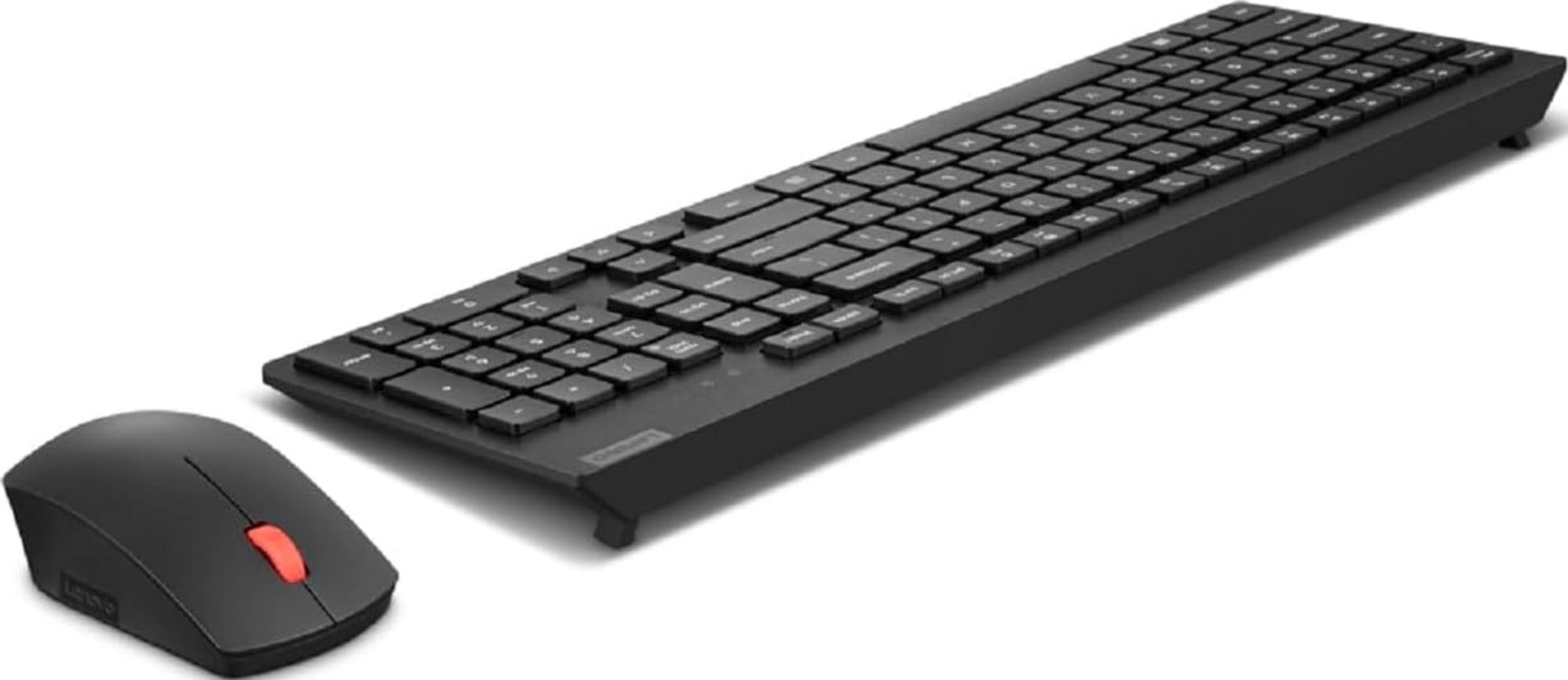 Teclado y ratón negros con rueda de desplazamiento roja sobre fondo blanco.