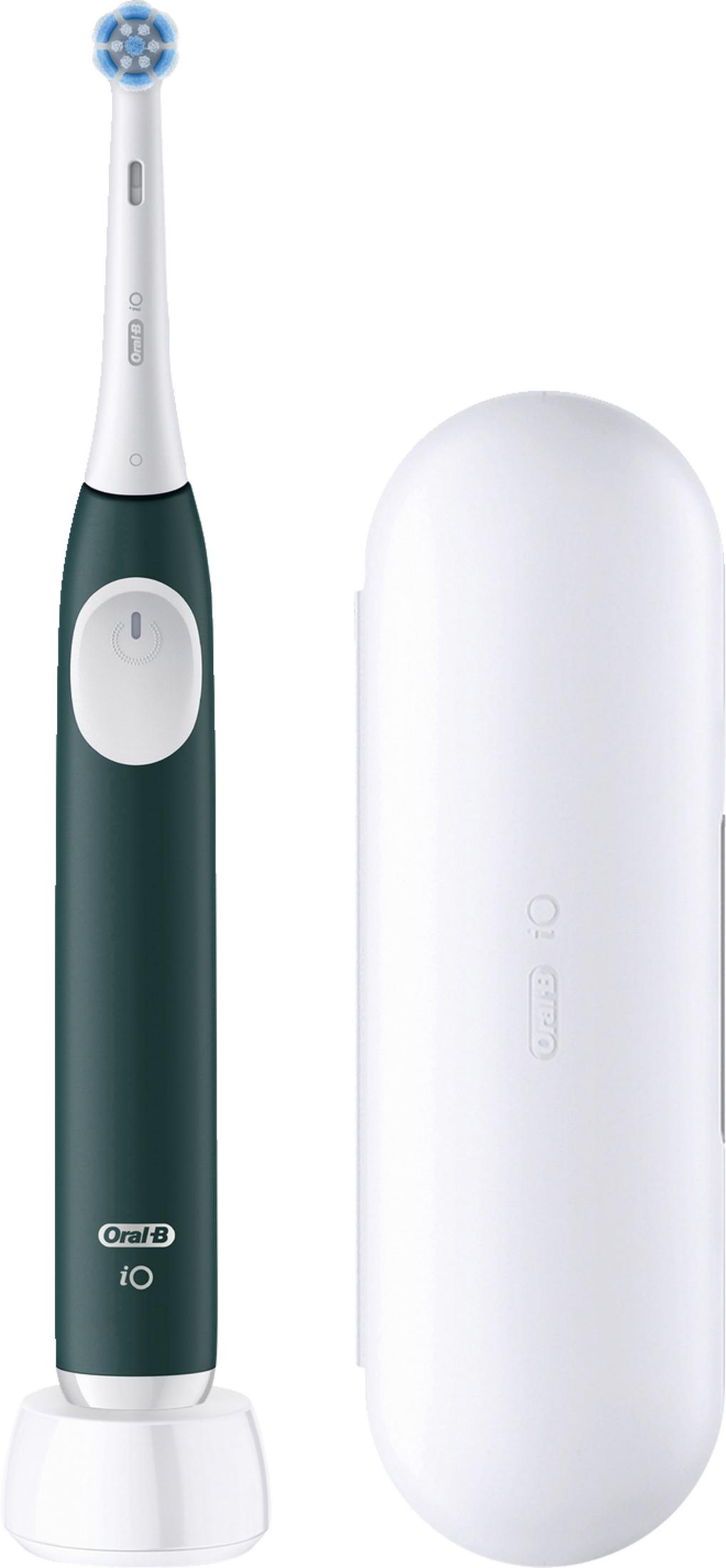 Dunkelgrüne Oral-B iO Zahnbürste mit weißem Griff und Ladebehälter.