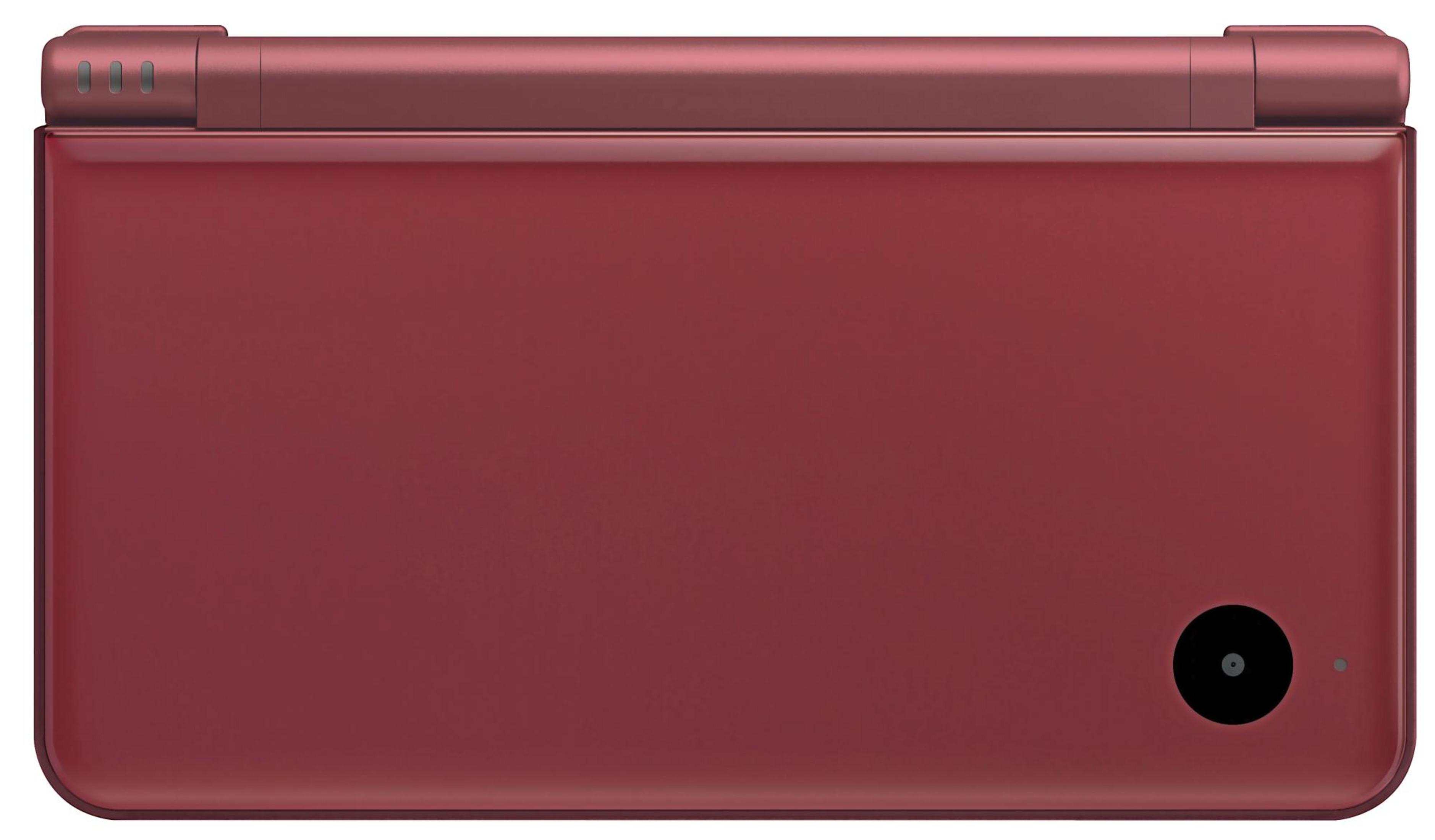 Ein geschlossenes, weinrotes Nintendo 3DS-Gerät mit Kamera.