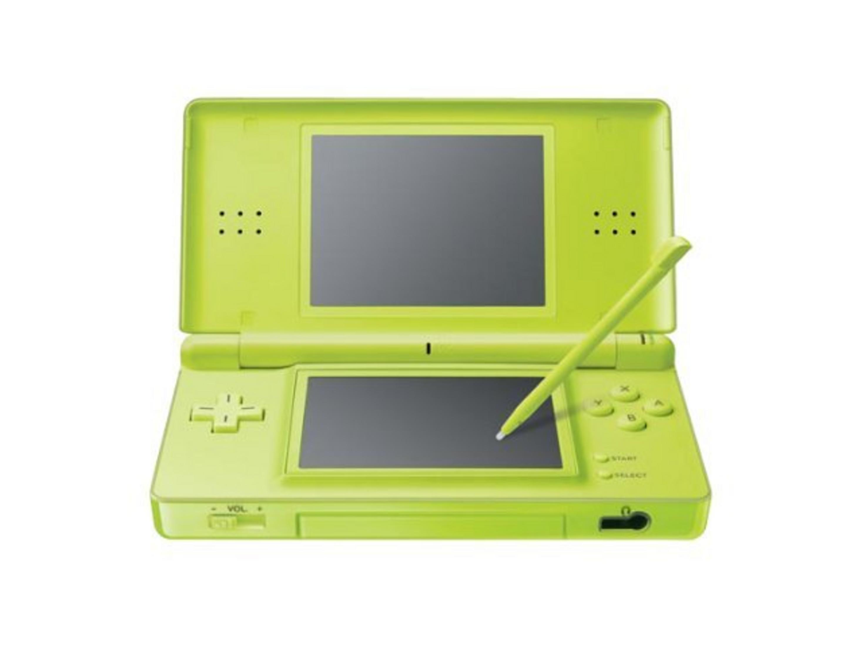 Ein hellgrünes Nintendo DS mit Stift.