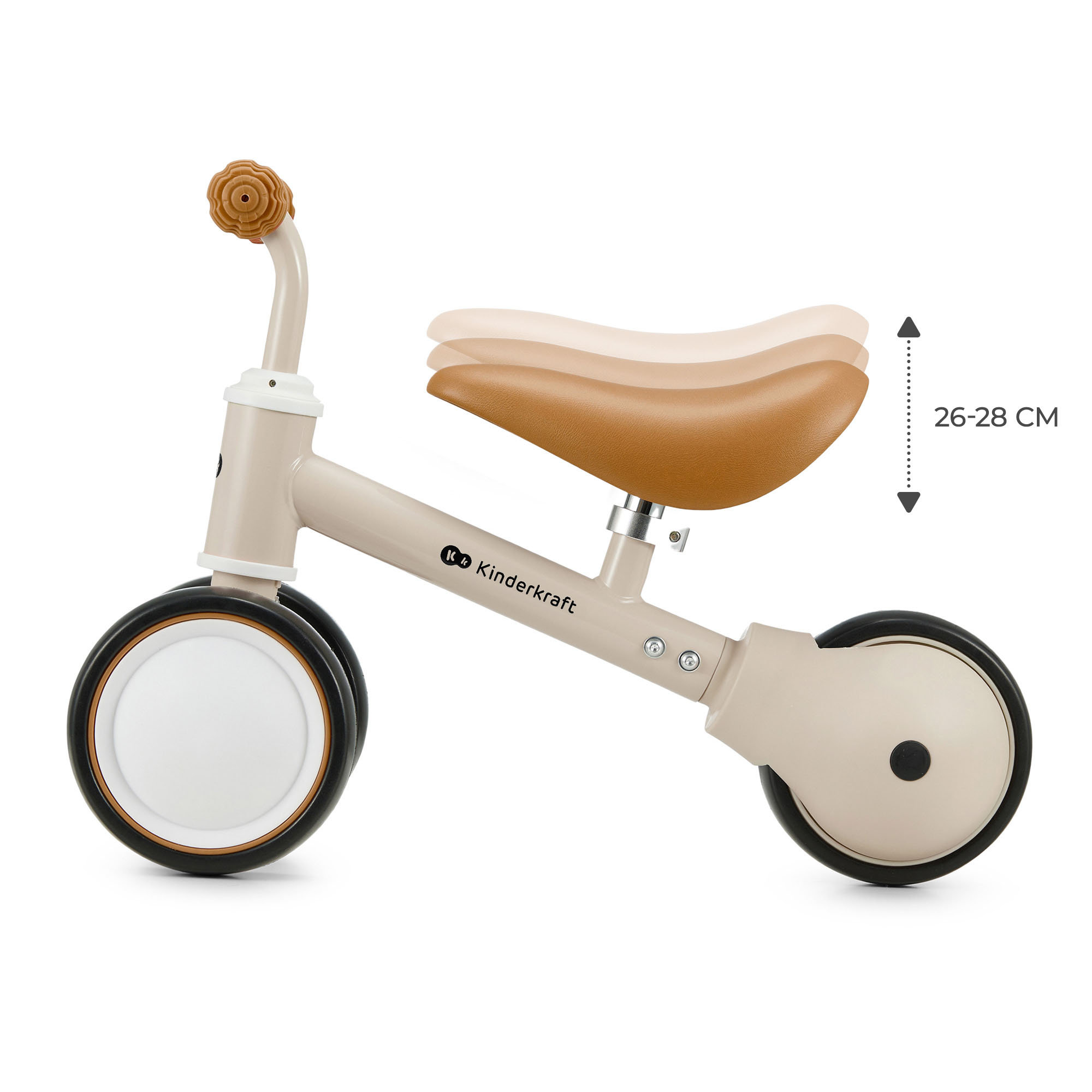 Ein beigefarbenes Laufrad mit braunem Sattel und verstellbarer Sitzhöhe (26-28 cm).