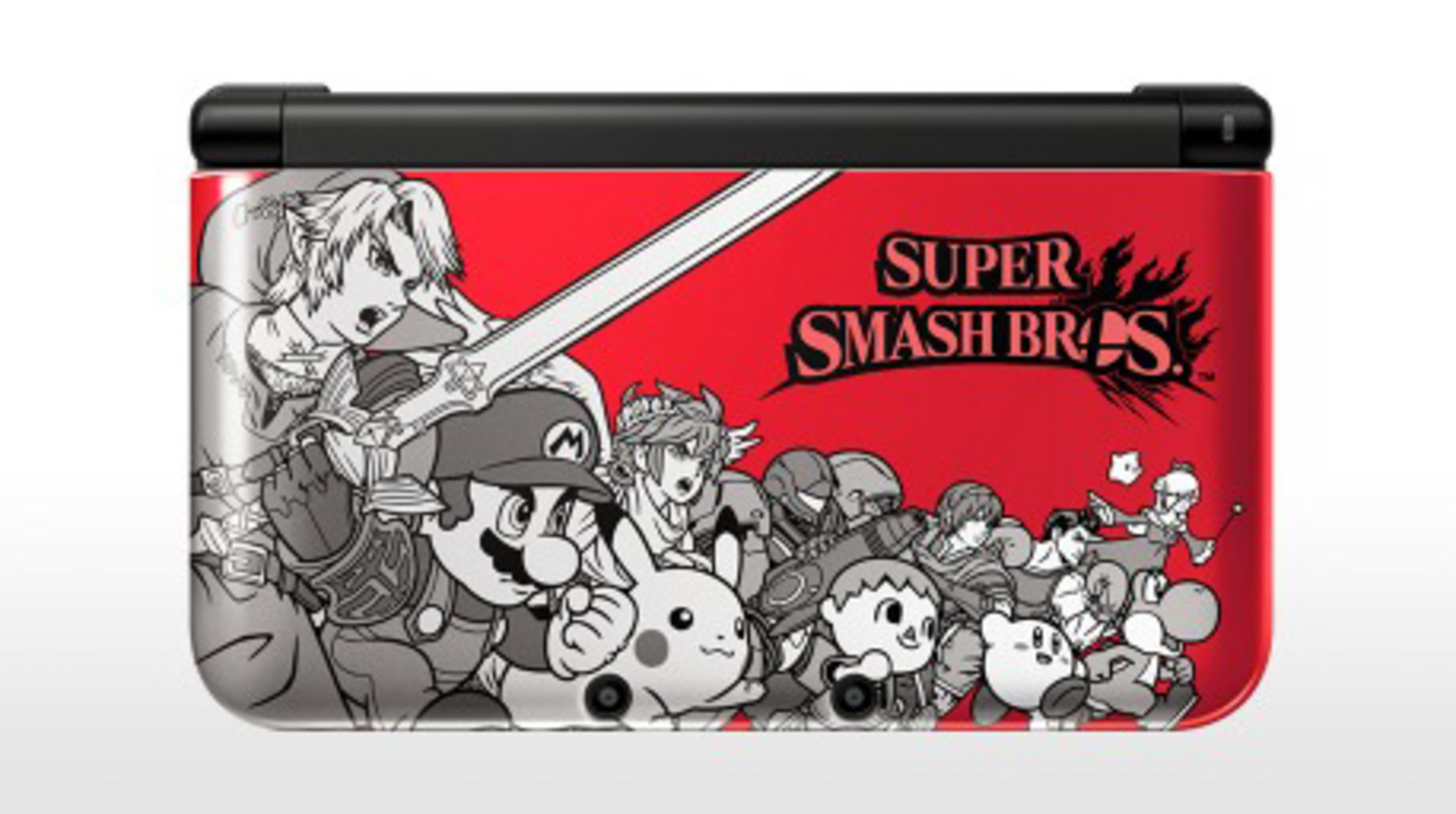 Red Nintendo 3DS with Super Smash Bros. art featuring Link, Mario, Pikachu, and Kirby.