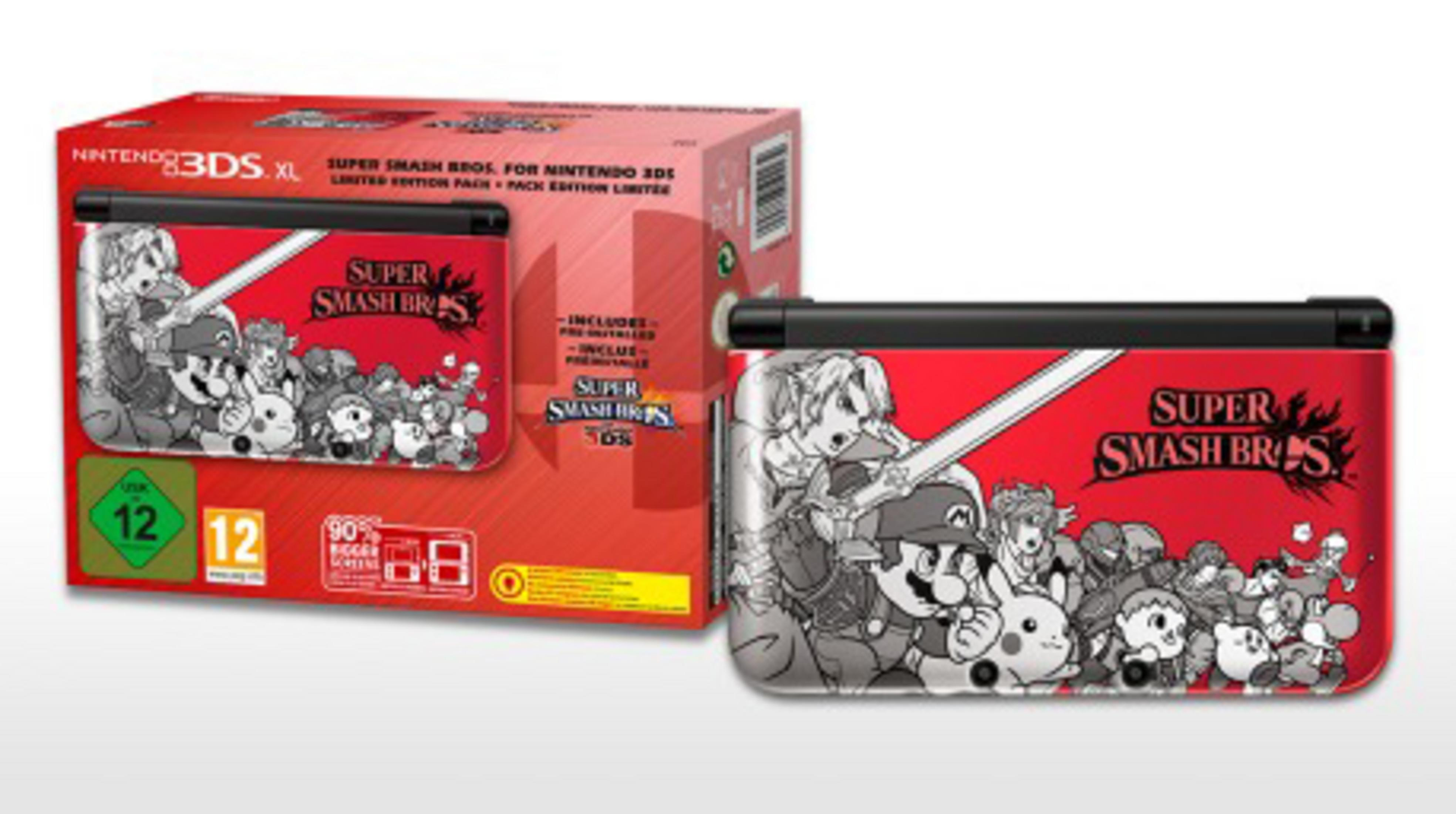Nintendo 3DS XL Super Smash Bros. Limited Edition with characters and packaging.