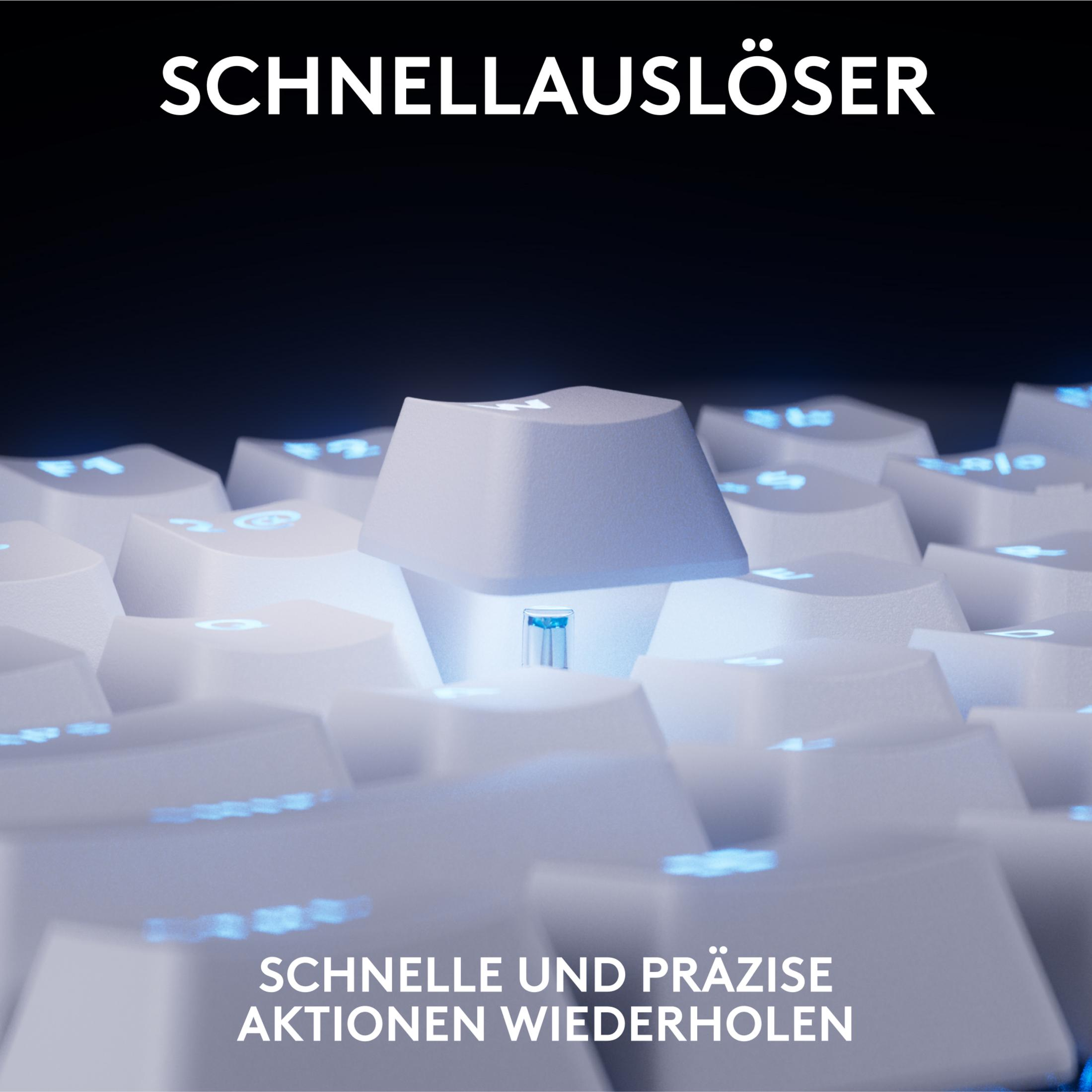 Weiße Tastatur mit blauer Beleuchtung und deutschem Text.