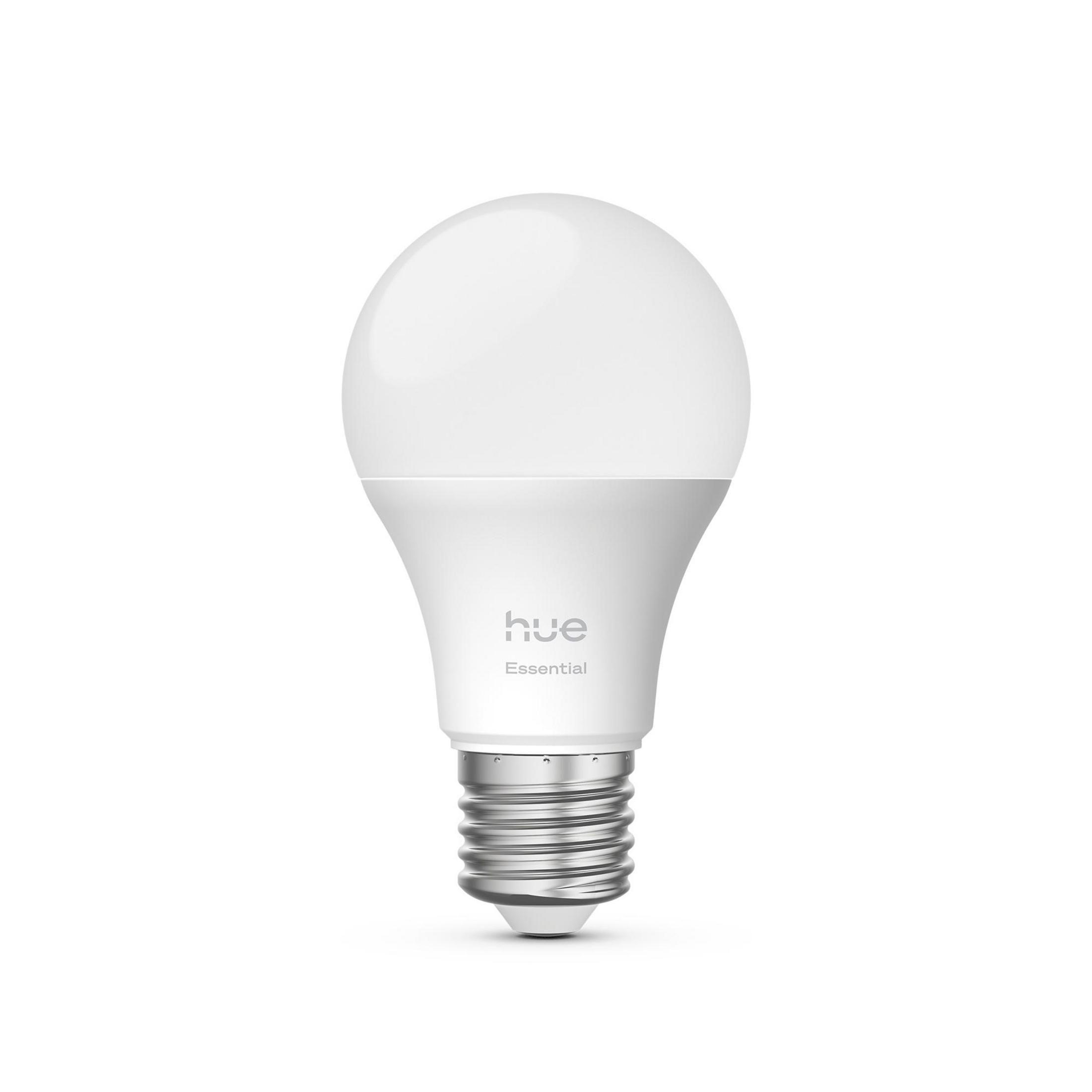 Eine weiße Glühbirne mit dem Hue Essential Logo.