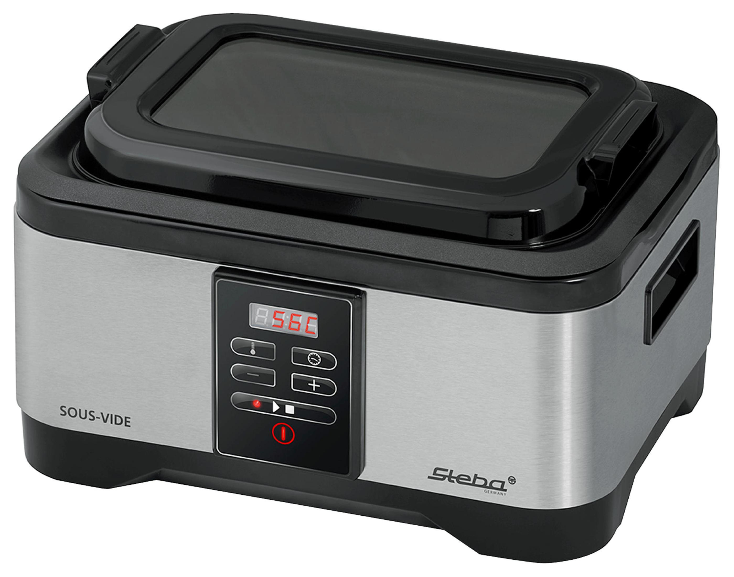 Una pentola sous-vide argentata con coperchio e display neri.