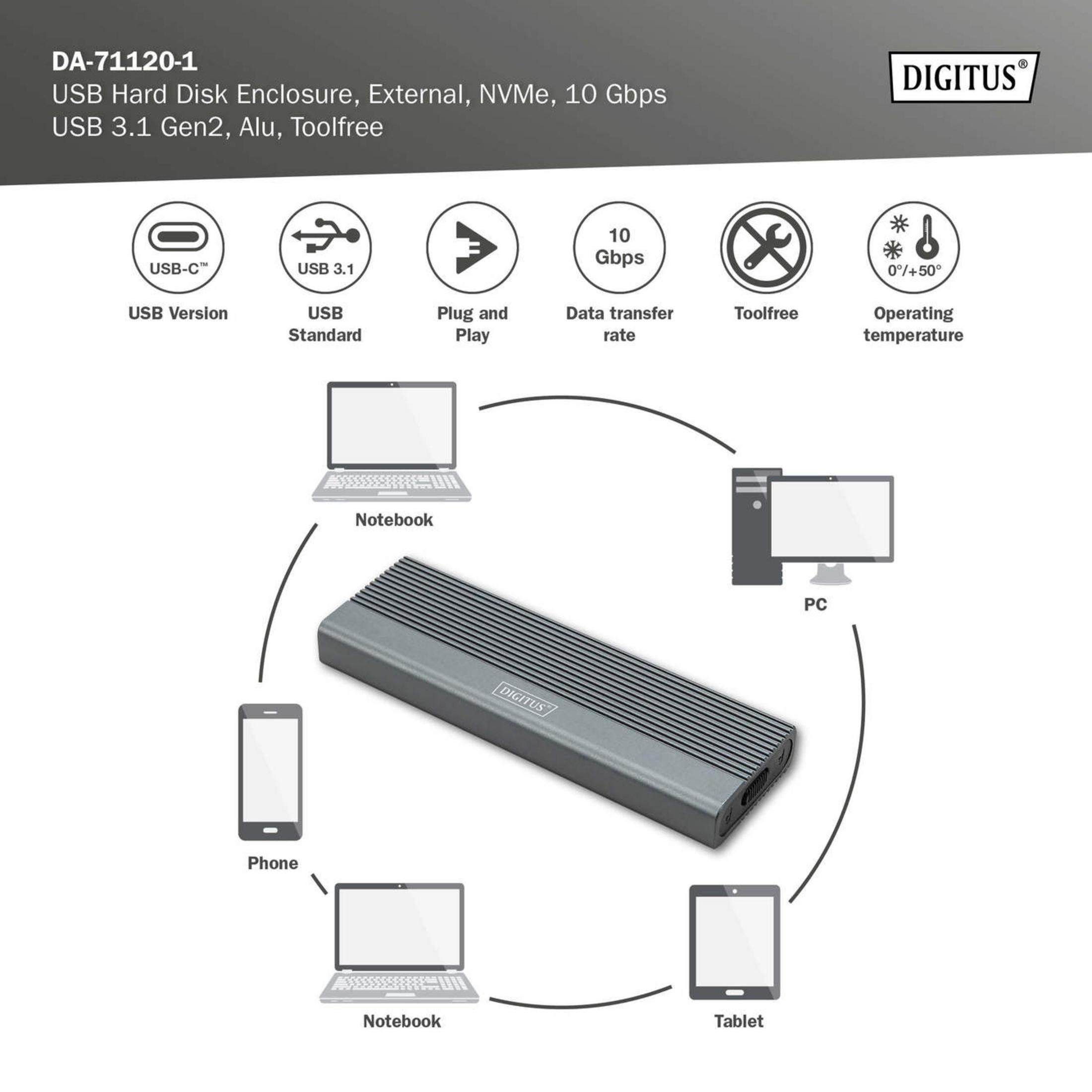 Zewnętrzna obudowa NVMe DigitUS z USB 3.1 Gen2, Alu, Toolfree.