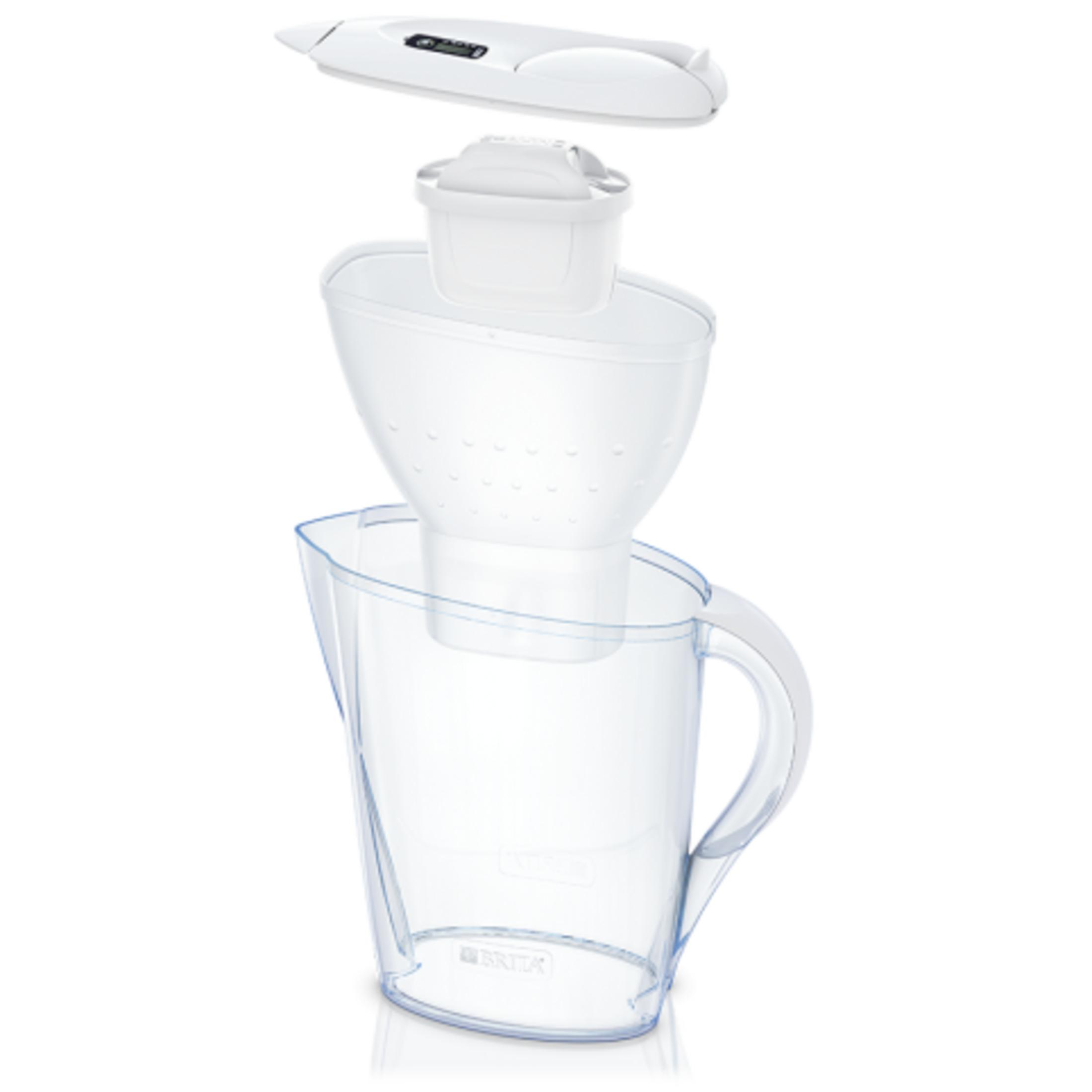Una caraffa filtrante per acqua bianca con coperchio, filtro e imbuto.