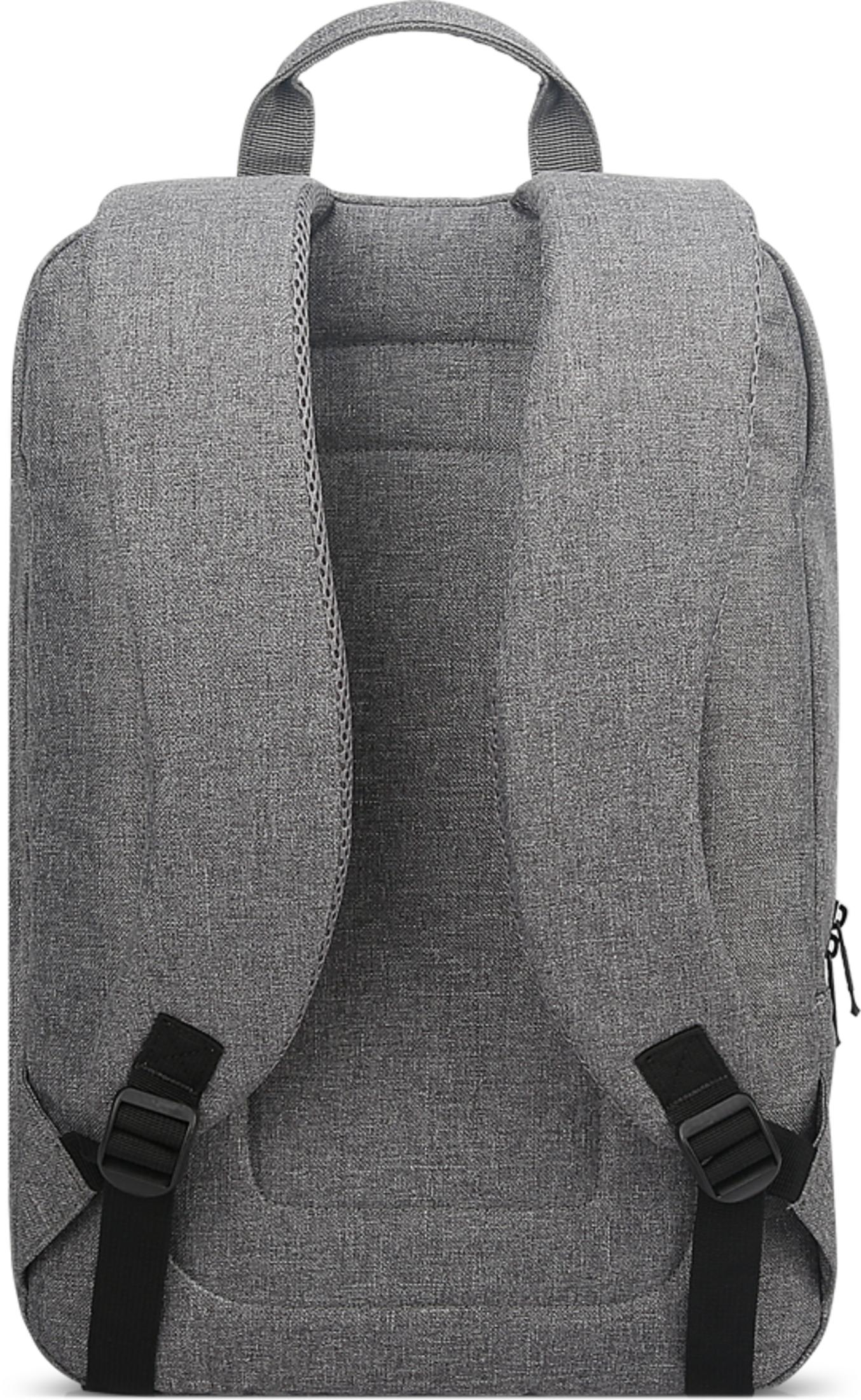 Vue arrière d'un sac à dos gris avec bretelles rembourrées et boucles noires.