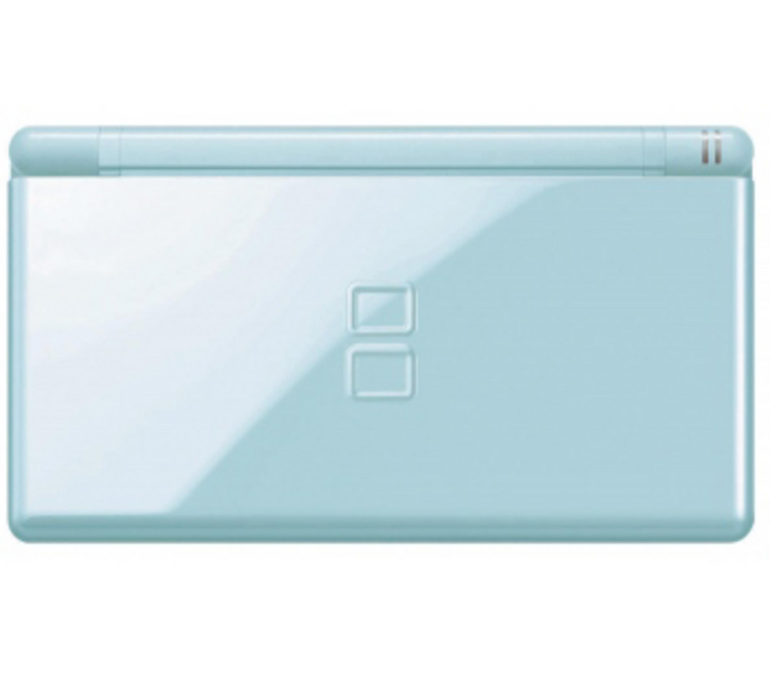 Ein hellblauer Nintendo DS Lite mit zwei markanten Knöpfen auf der Oberseite.