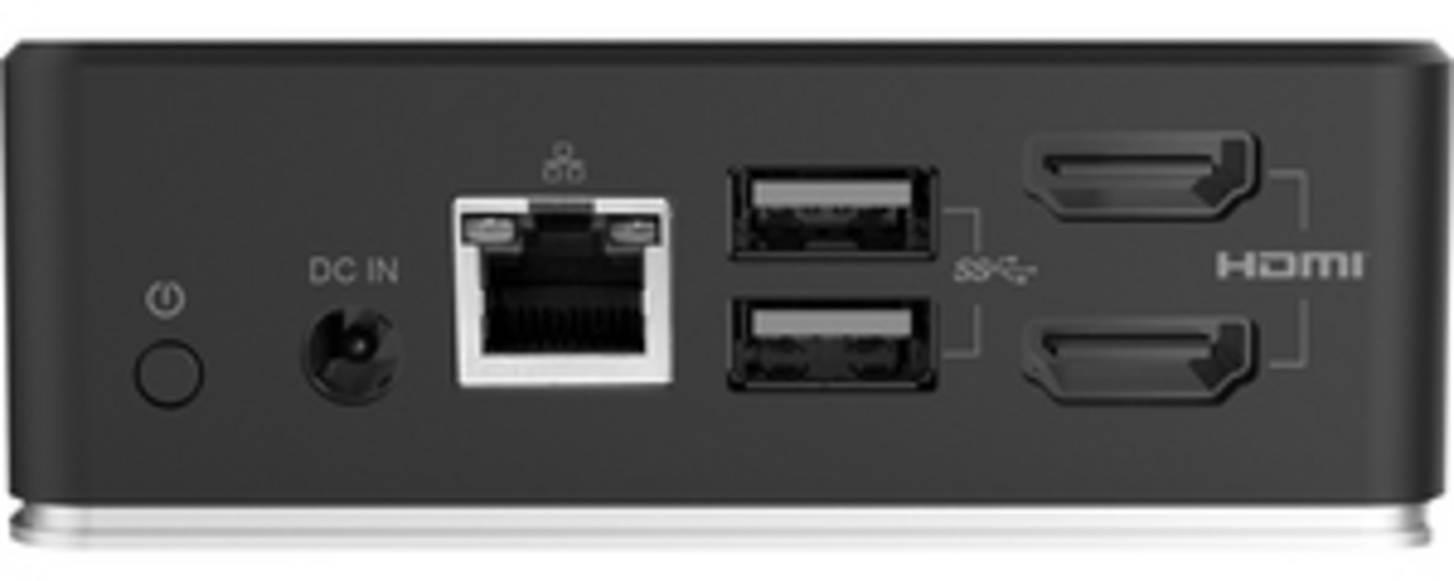 Retro di un mini PC nero con porte DC IN, Ethernet, 2x USB e 2x HDMI.