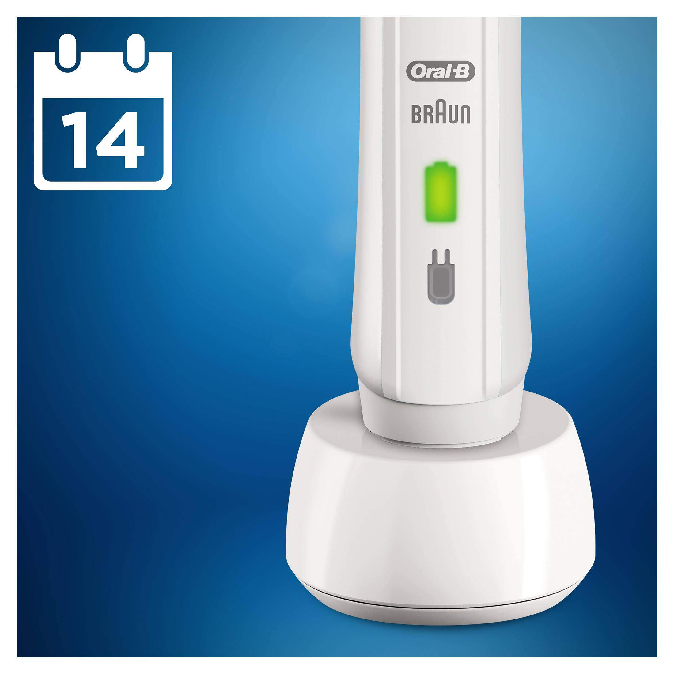 Un cabezal de cepillo de dientes eléctrico blanco sobre una base de carga con icono de calendario.