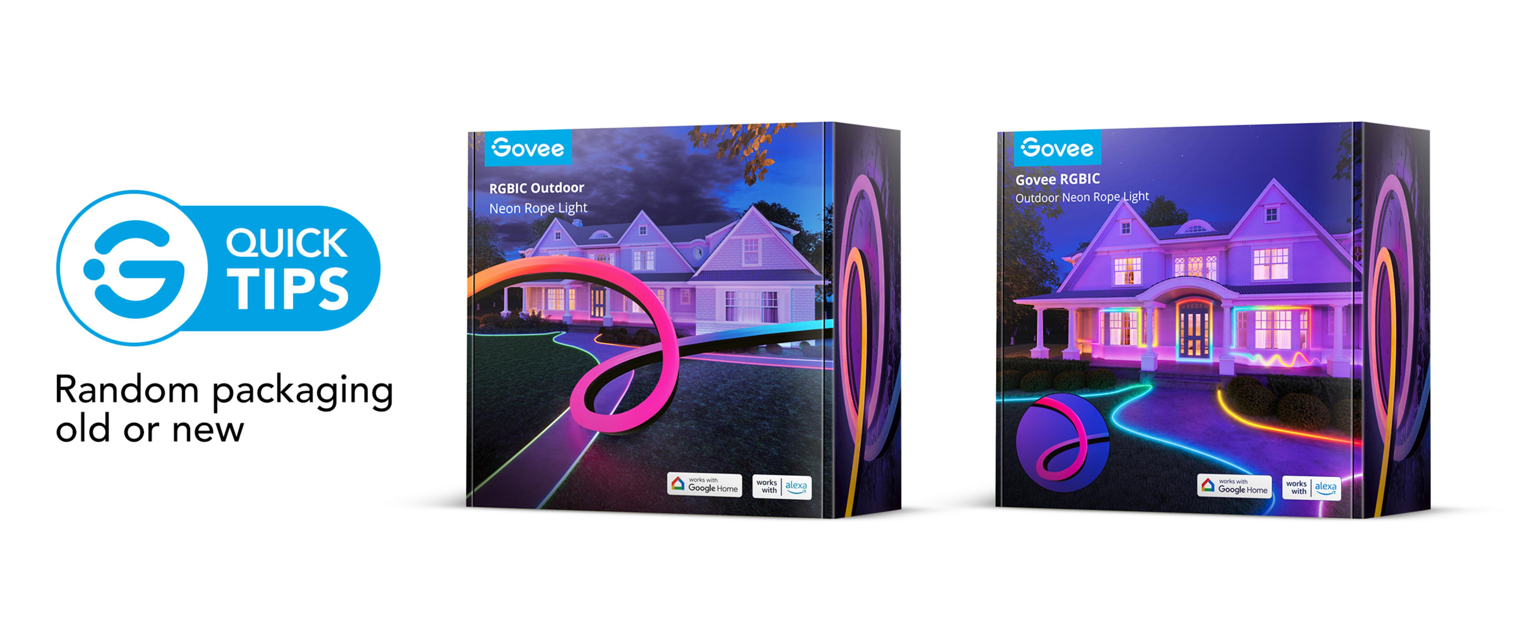 Due scatole di luci al neon Govee RGBIC illuminano case con luci colorate.