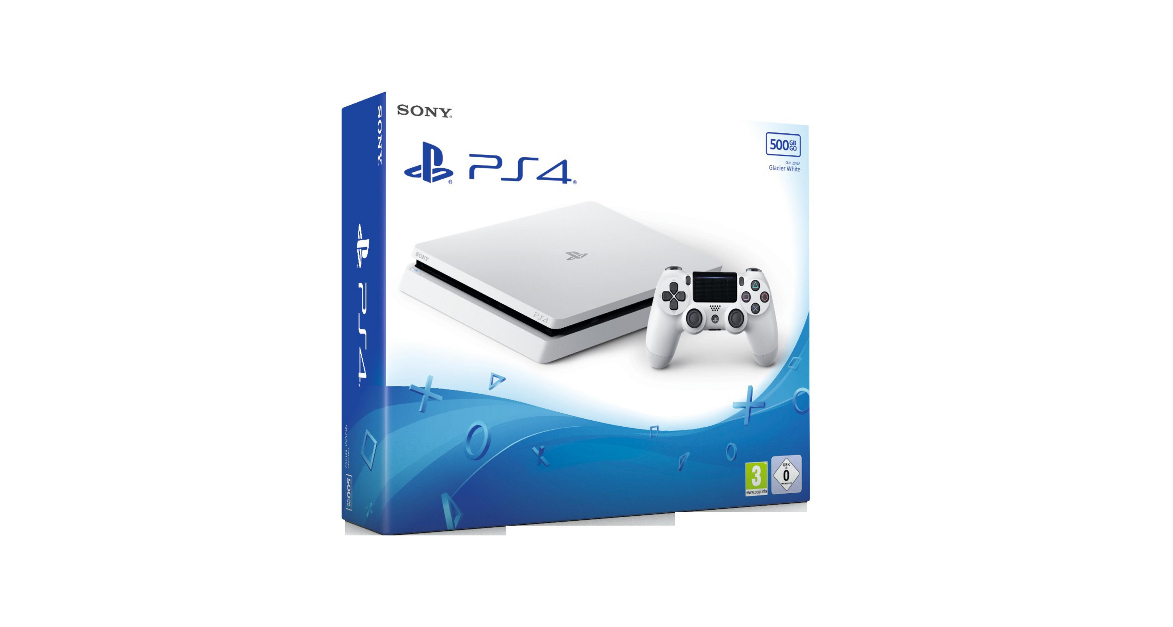 Weiße PS4-Konsole mit Controller und Verpackung. 500GB Speicher.