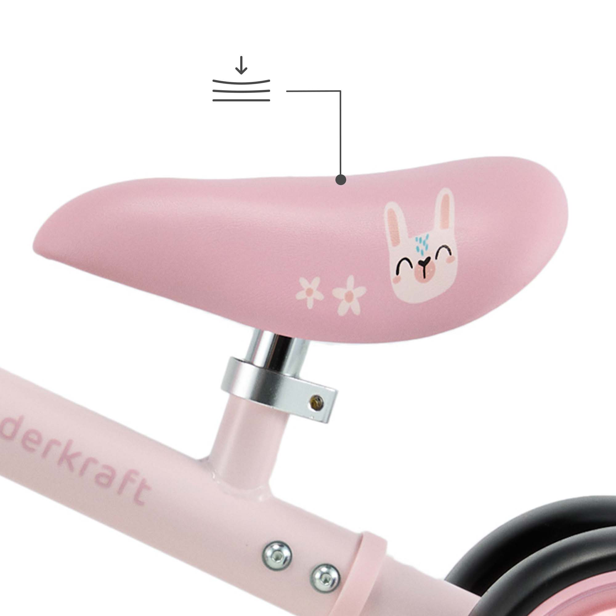 Rosa Fahrradsattel mit Hasenmotiv und Blumen, mit Höhenindikator-Symbol.