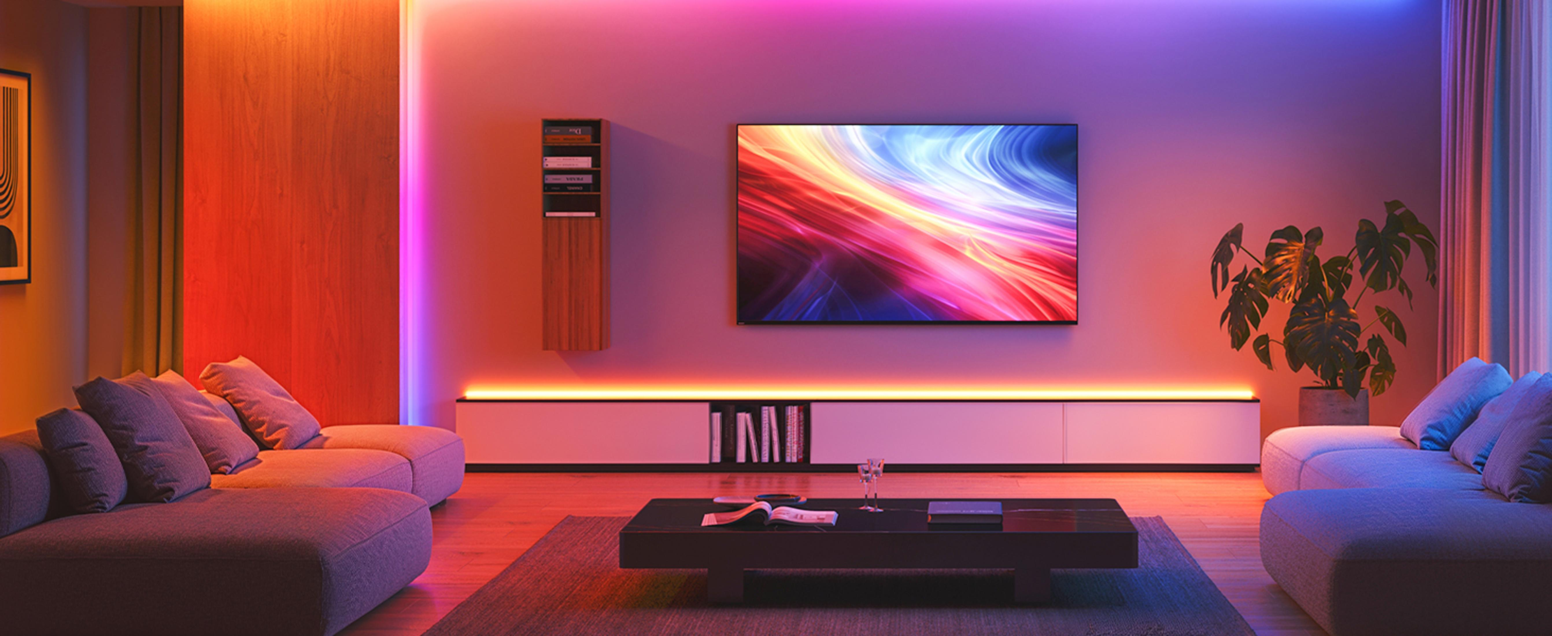 Un soggiorno moderno con due divani, TV e illuminazione d'ambiente colorata.