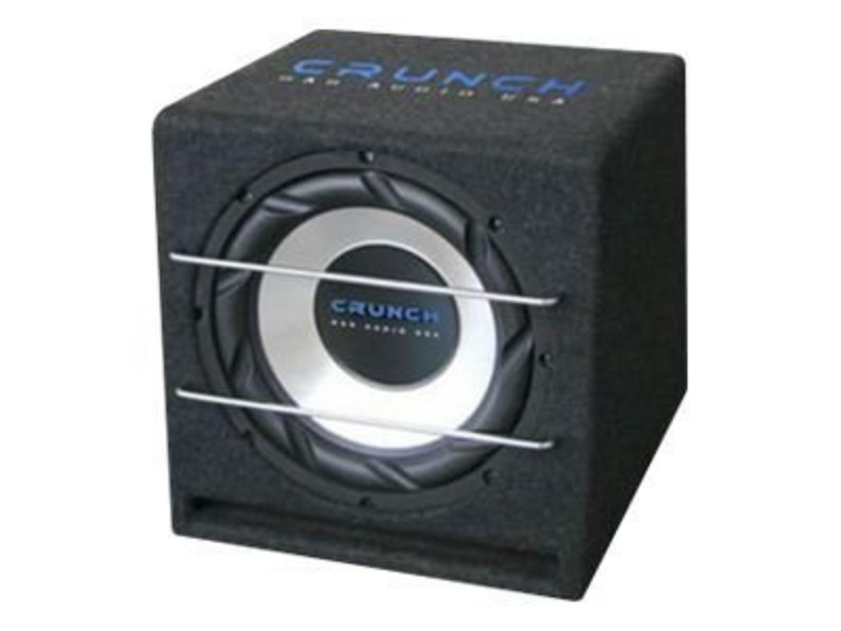 Schwarzer Subwoofer-Lautsprecher mit silberner Membran und silbernen Stäben.