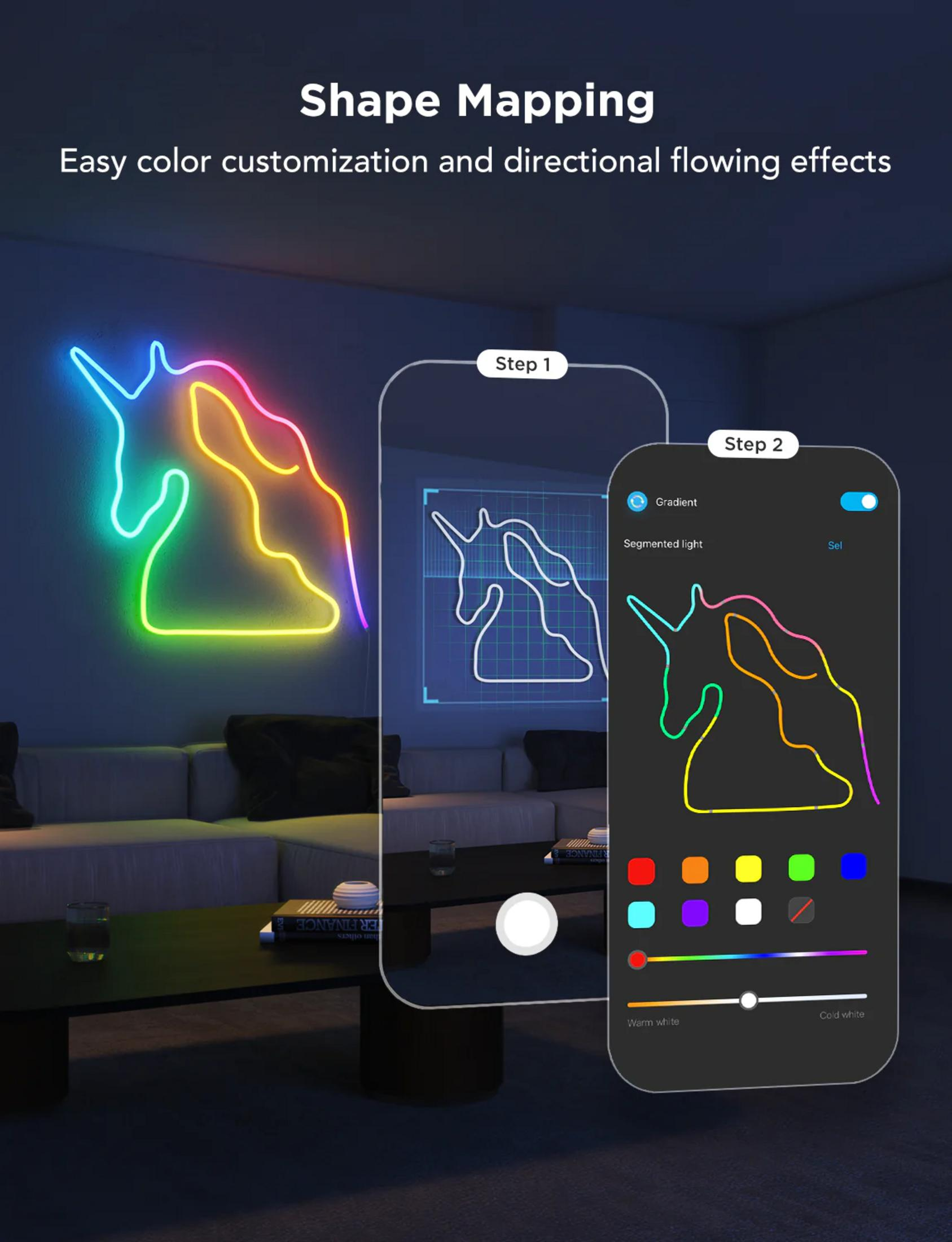 Luce unicorno al neon con interfaccia app che mostra selezione colore e opzioni sfumate.