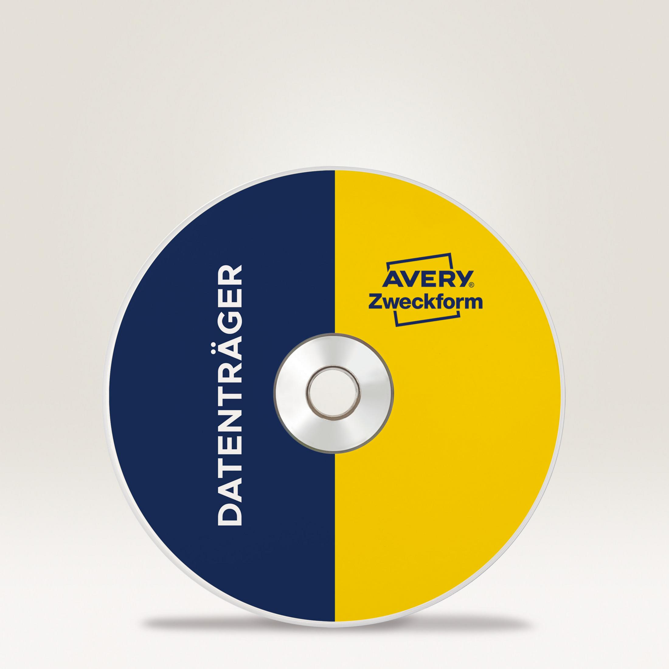 CD mit blauem und gelbem Design. Text: DATENTRÄGER, Avery Zweckform.