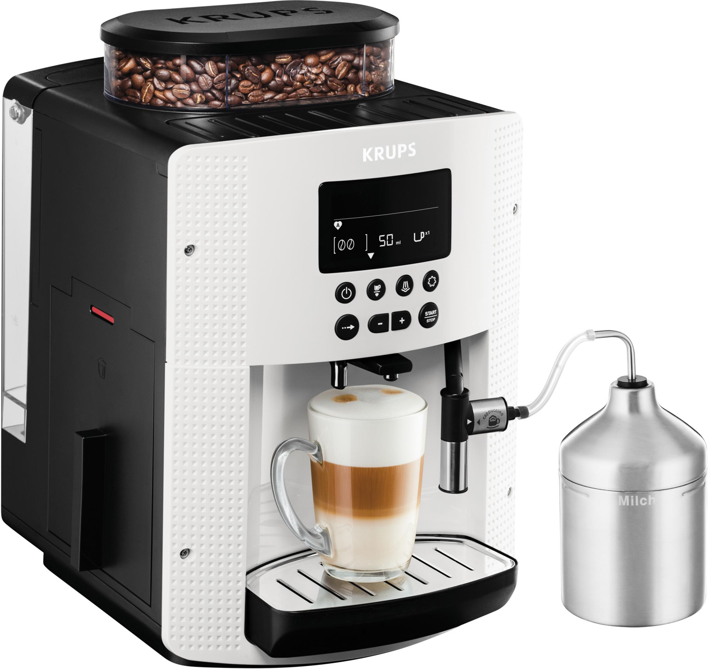 Krups Kaffeevollautomat mit Milchbehälter, Kaffeebohnen im oberen Behälter.