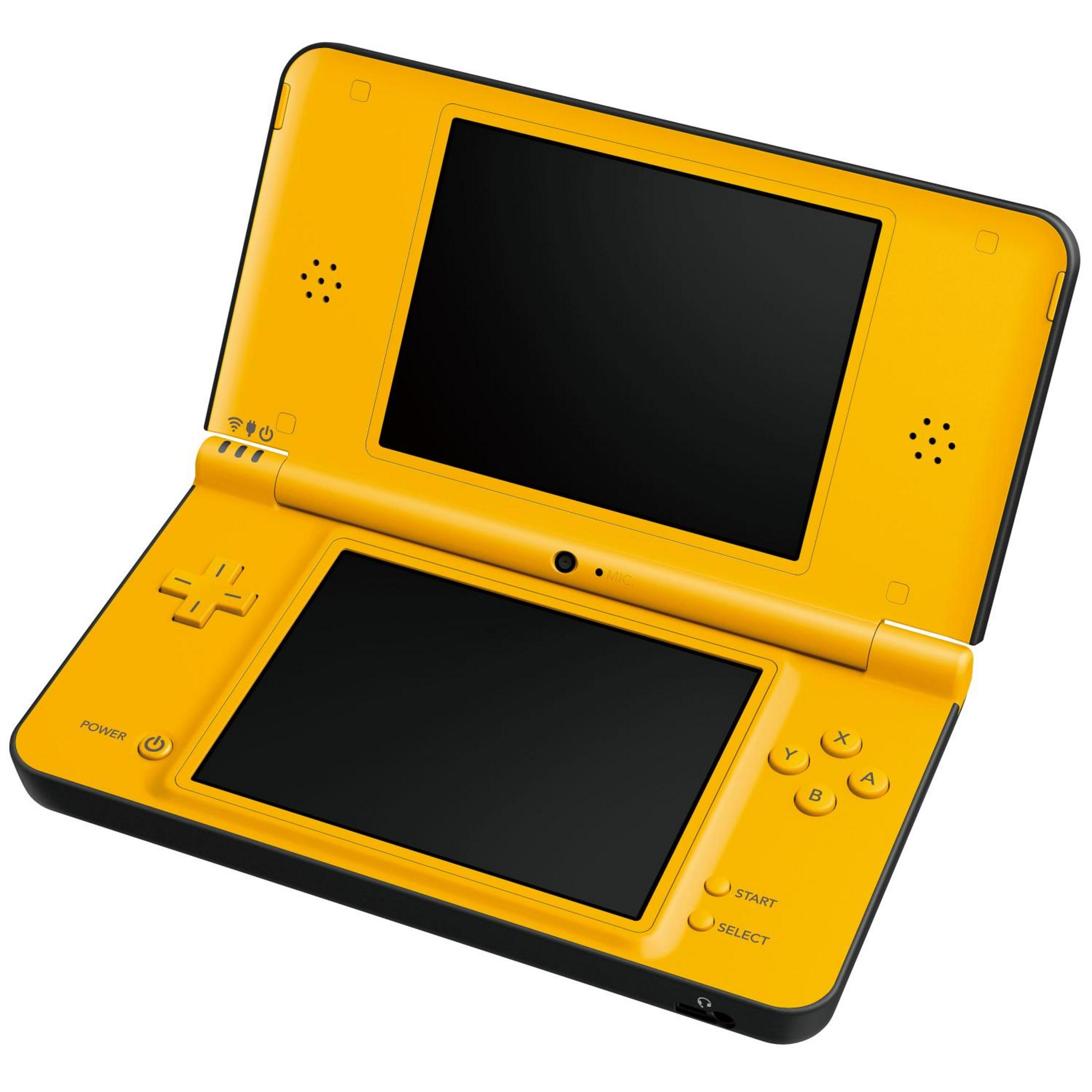 Ein gelbes Nintendo DS-Gerät mit zwei Bildschirmen und Bedienelementen.