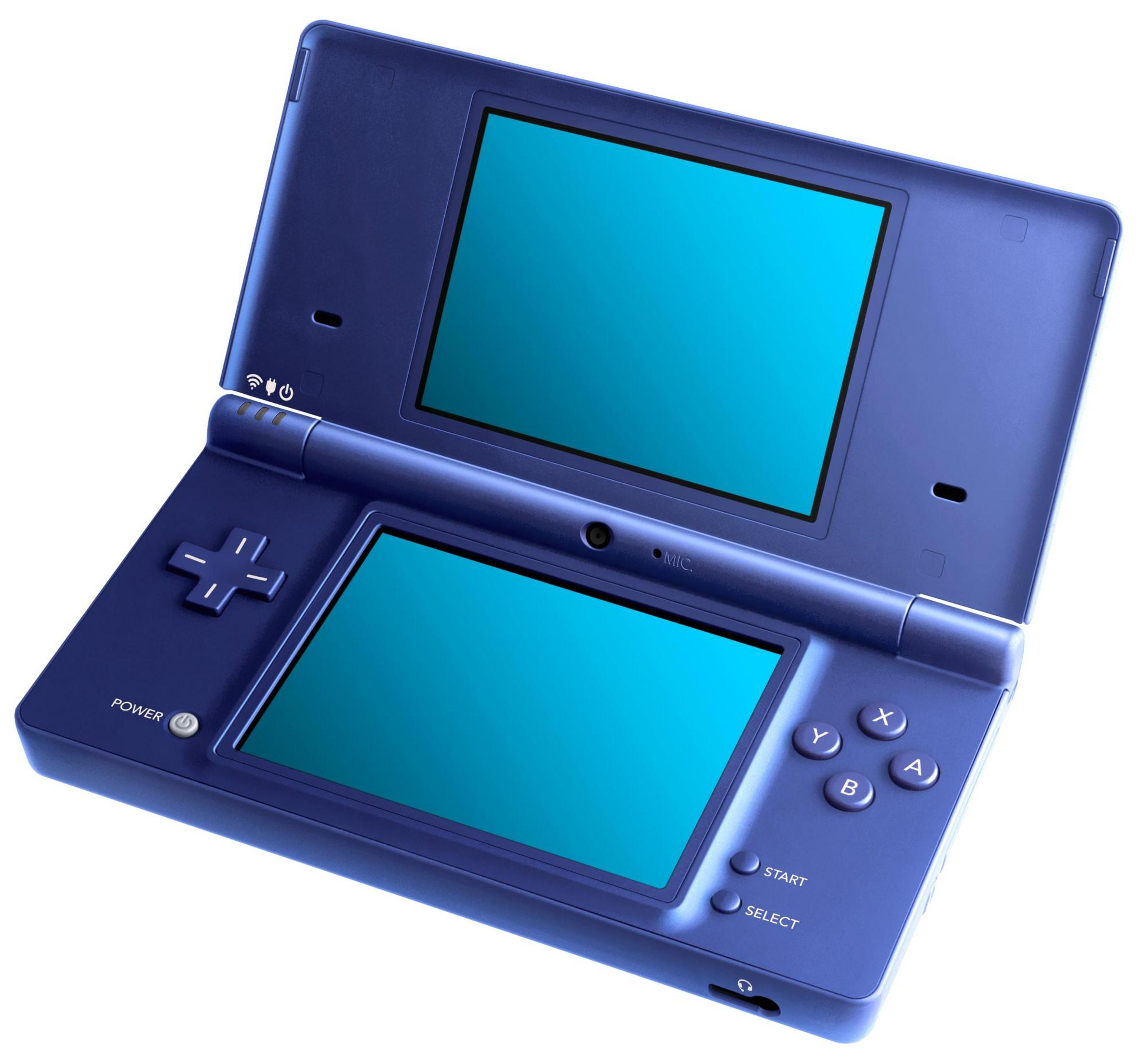 Ein dunkelblauer Nintendo DS mit blauem Bildschirm und Bedienelementen.