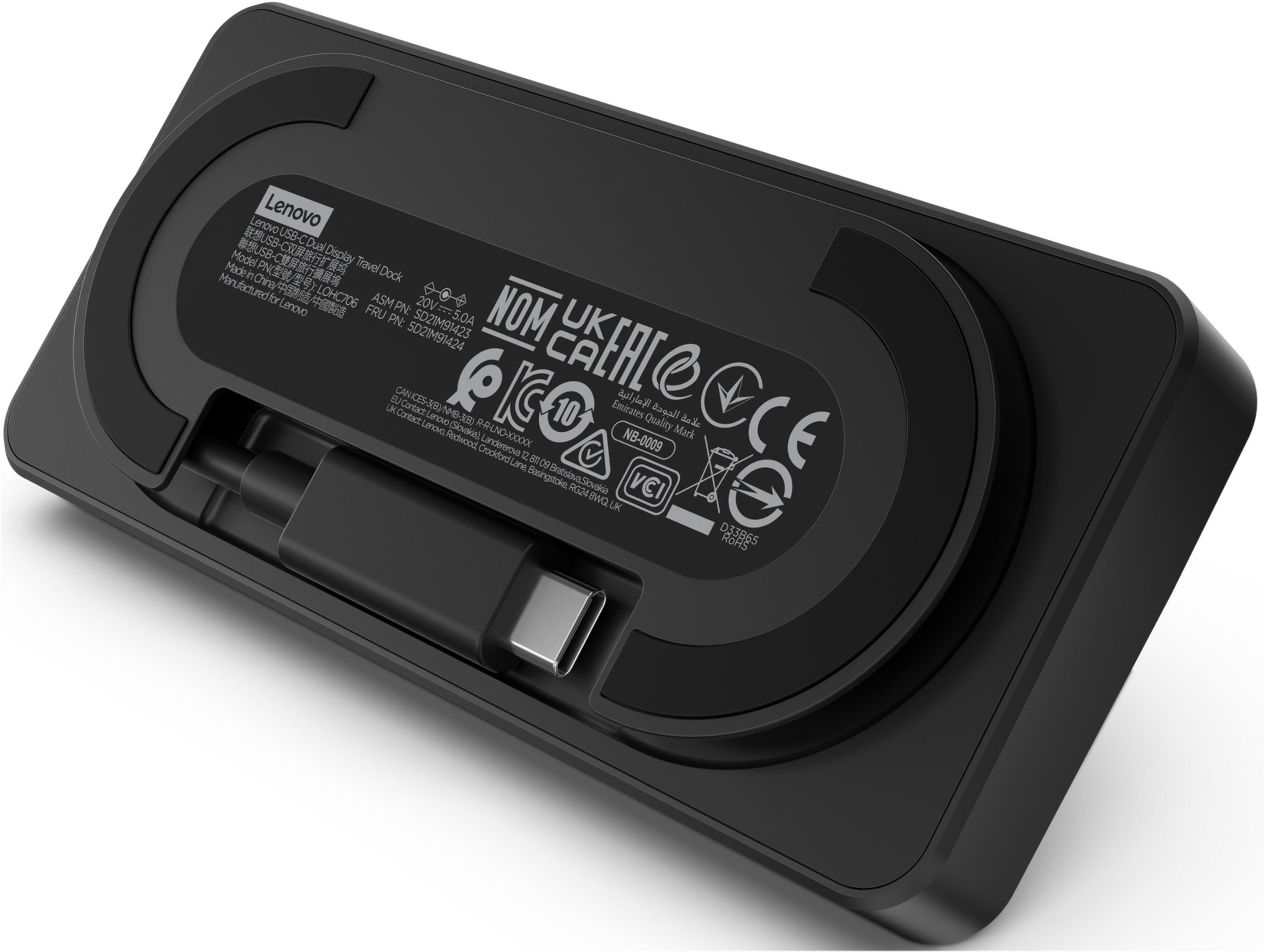 Black Lenovo USB-C dock with visible USB-C port and various certification logos.