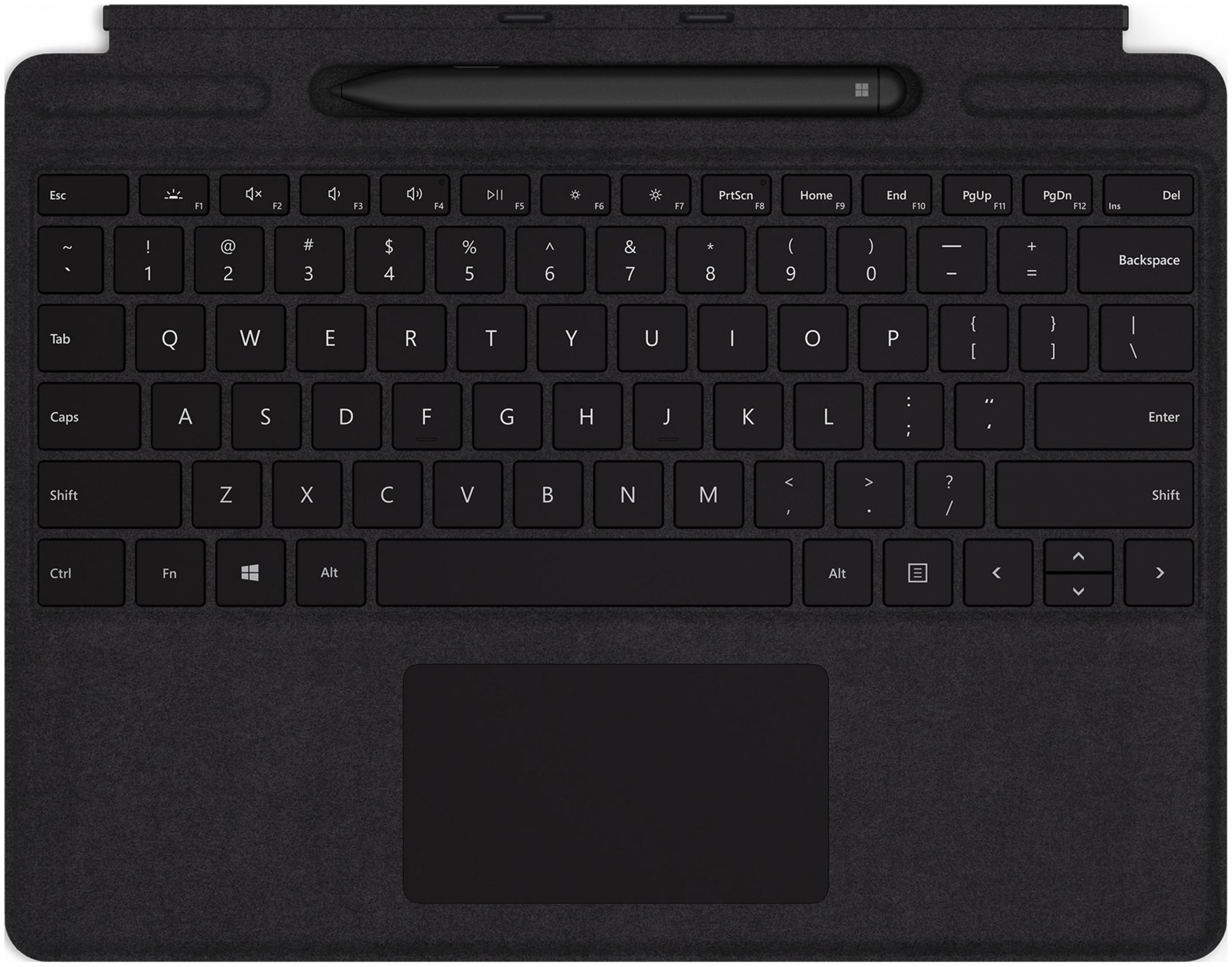 Schwarze Tastatur mit Stiftablage und Touchpad.