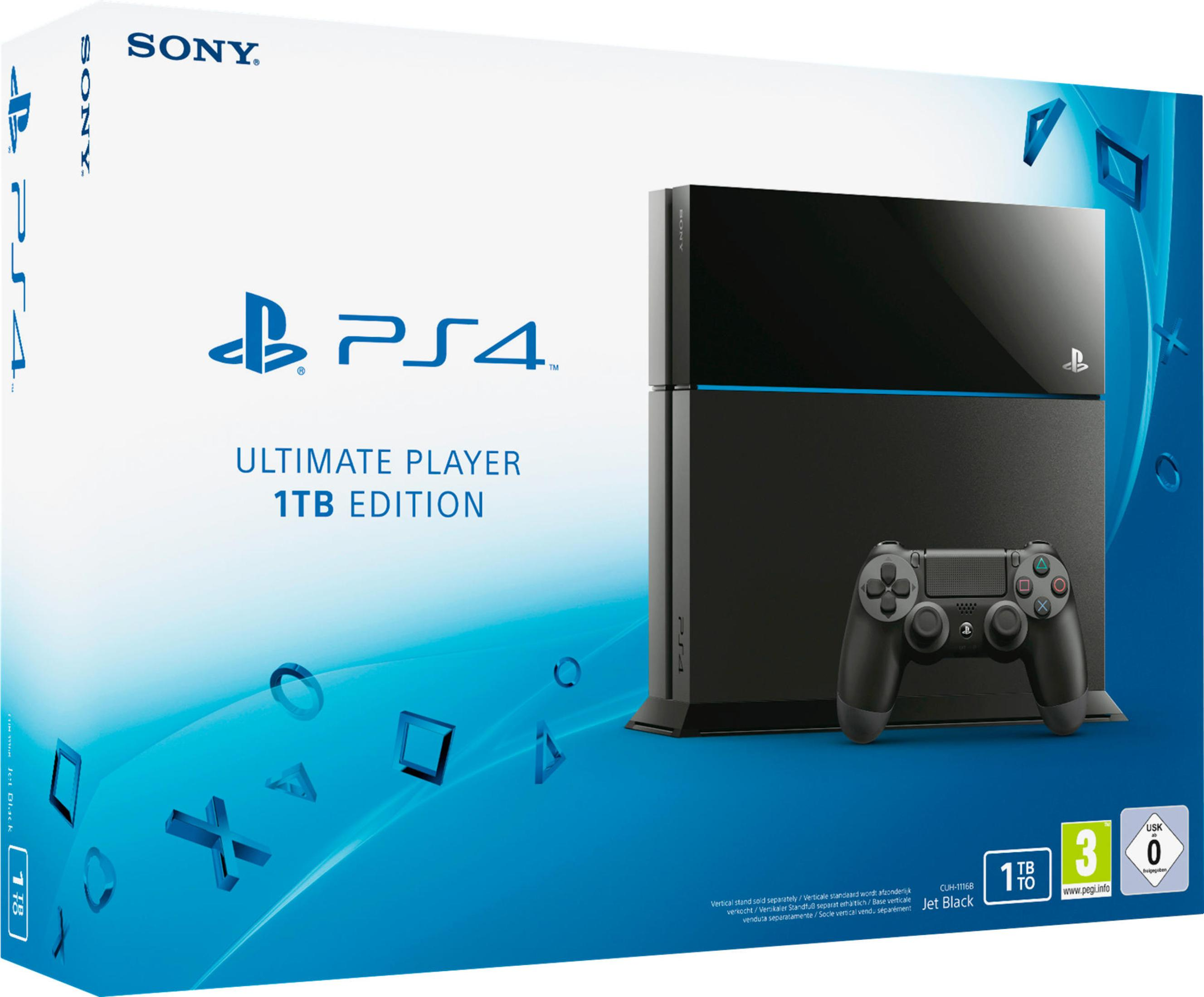 PS4 1TB Ultimate Player Edition mit Controller und Konsole, blauem Design.
