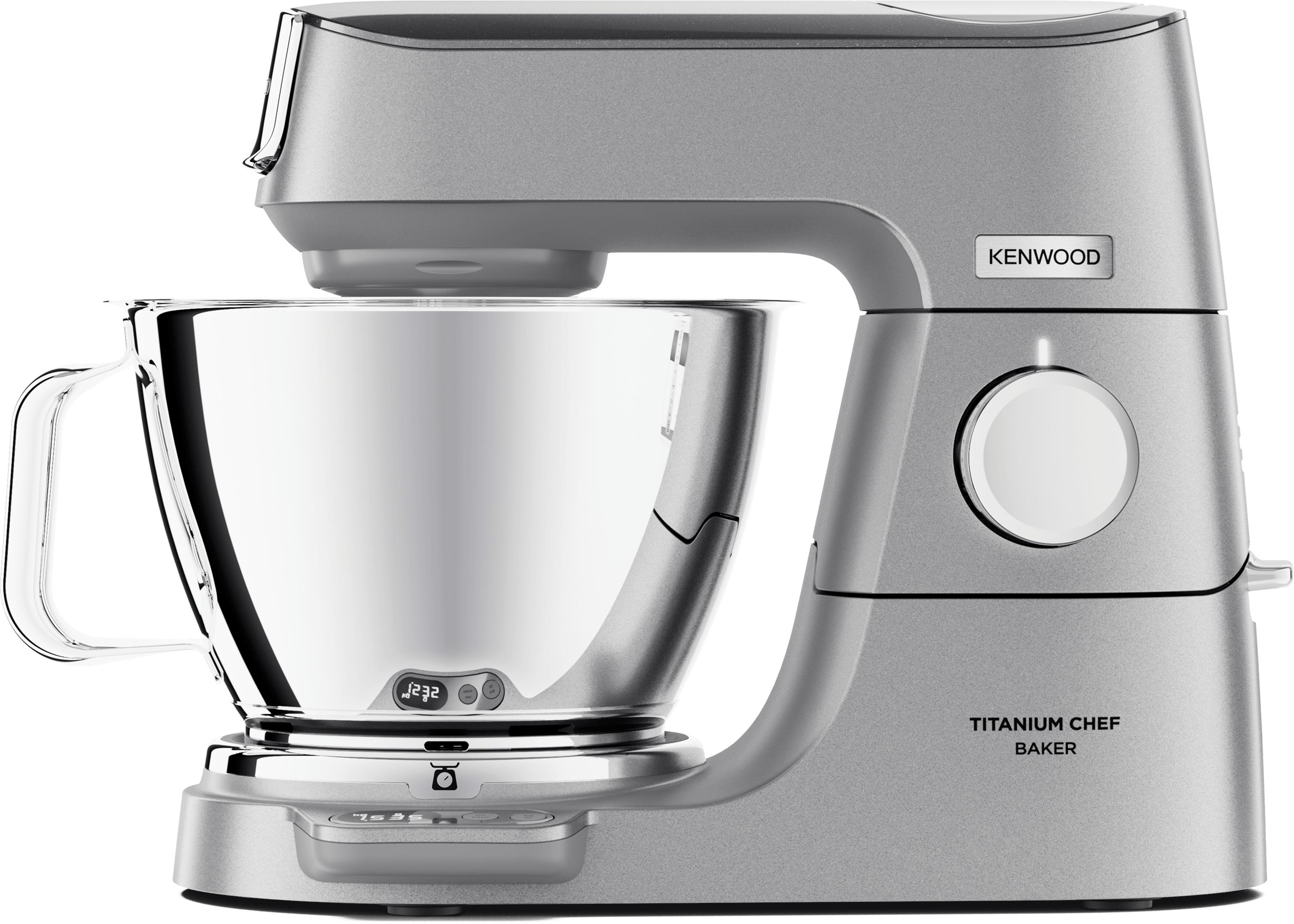 Grauer Kenwood Küchenmaschinen-Mixer mit Edelstahlschüssel und digitaler Anzeige.