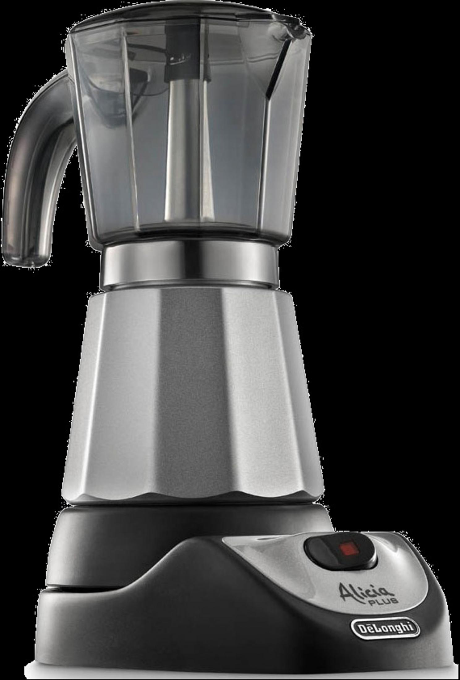 Srebrno-czarna kawiarka z przezroczystą górą i czerwonym przyciskiem.