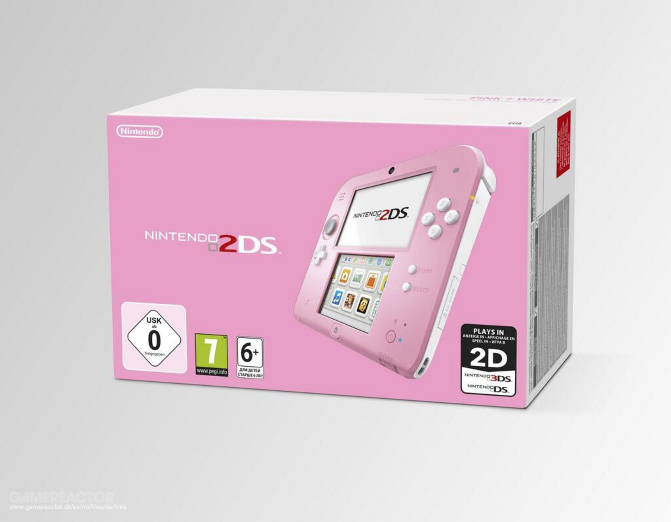 Verpackung eines rosafarbenen Nintendo 2DS mit Altersfreigaben.