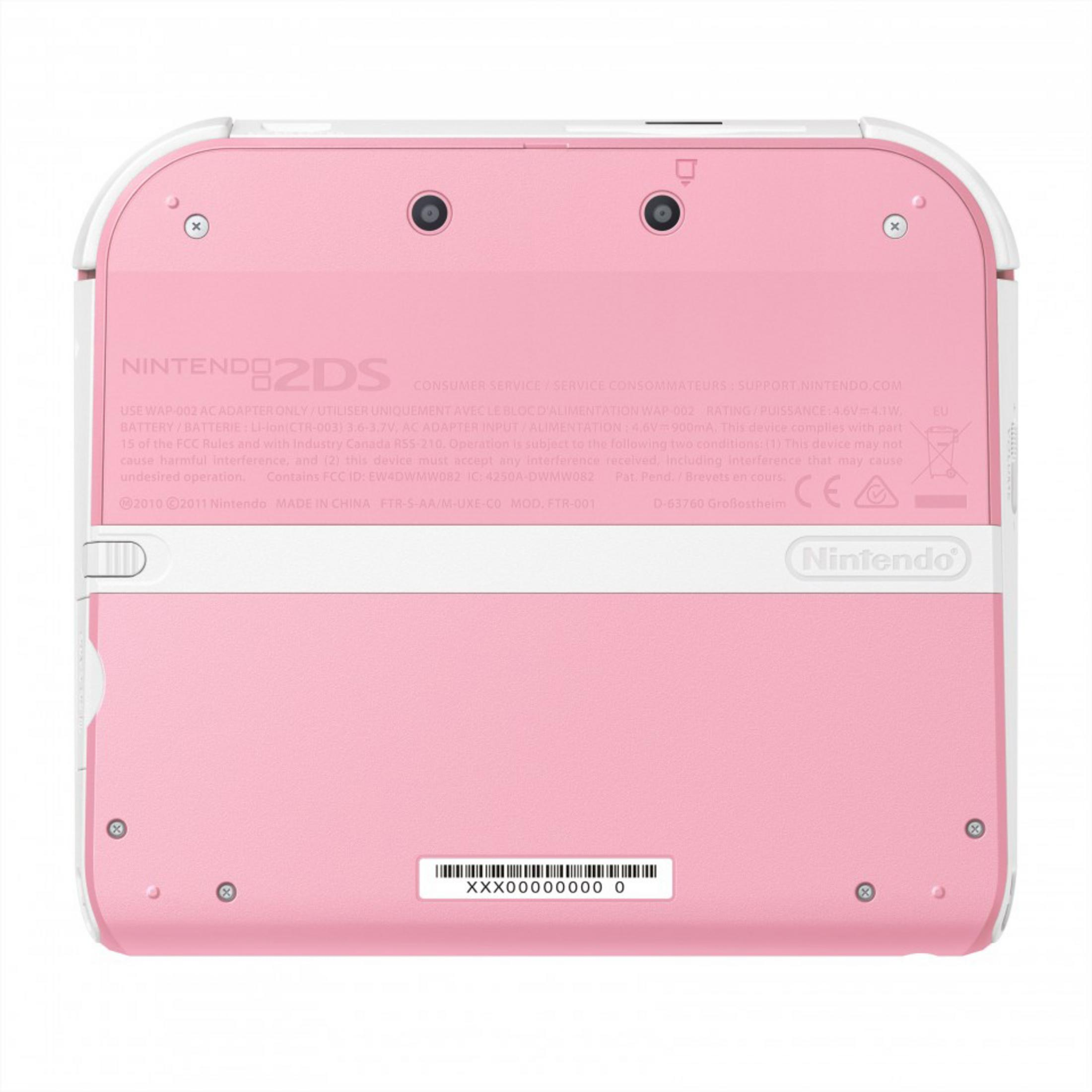 Rückseite einer rosa Nintendo 2DS-Konsole mit Aufklebern und Schrauben.