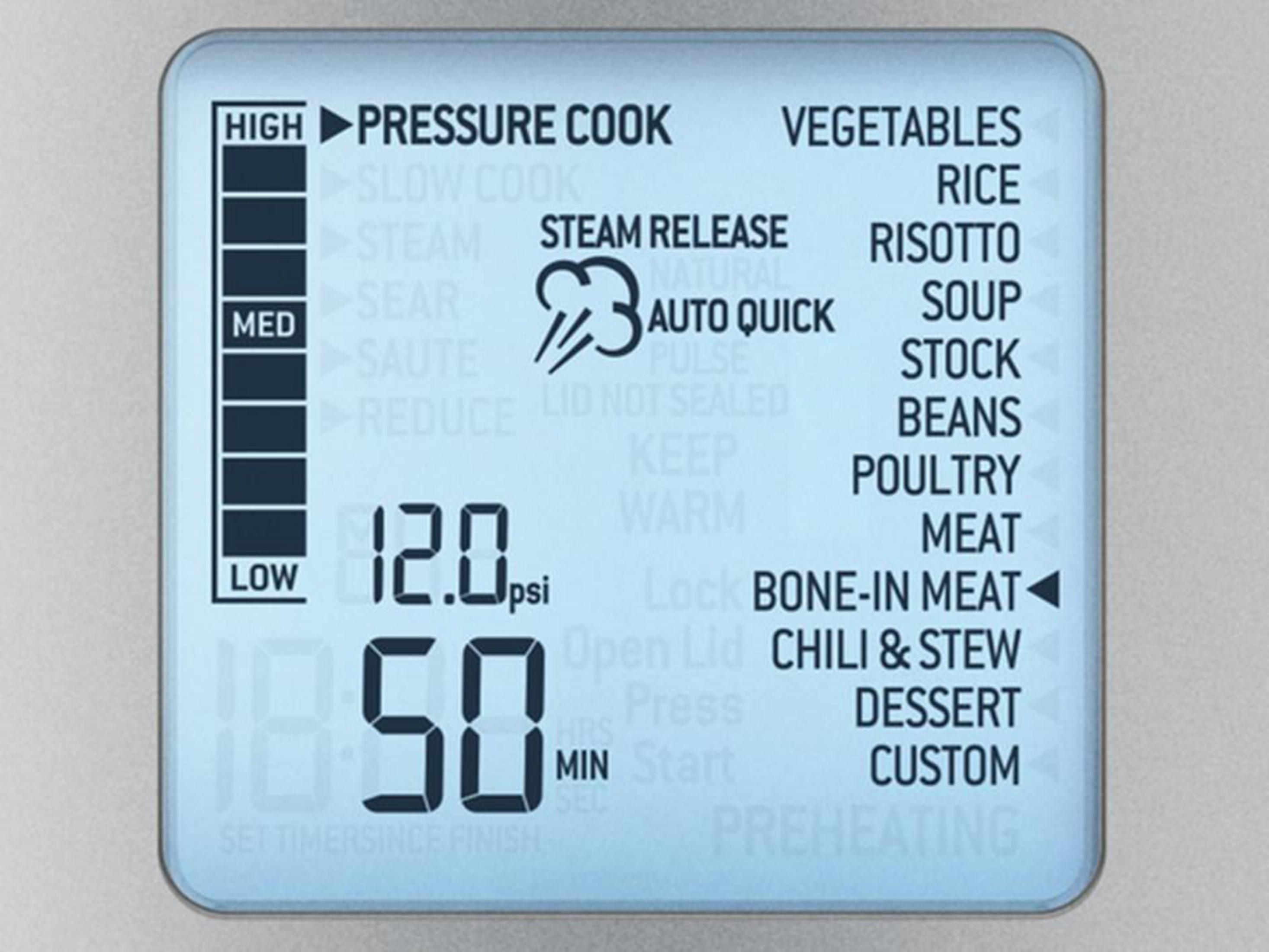 Pantalla digital muestra HIGH PRESSURE COOK, 12,0 psi, 50 min. Opciones: Verduras, Arroz, Sopa, Carne.