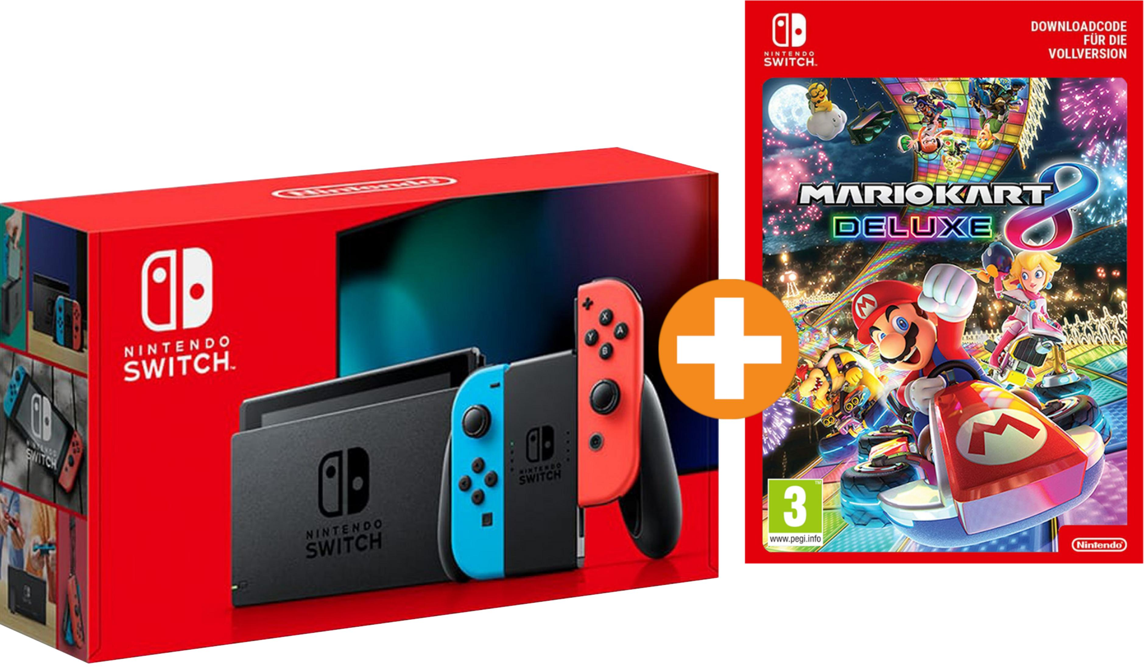 Console Nintendo Switch con confezione del gioco Mario Kart 8 Deluxe.