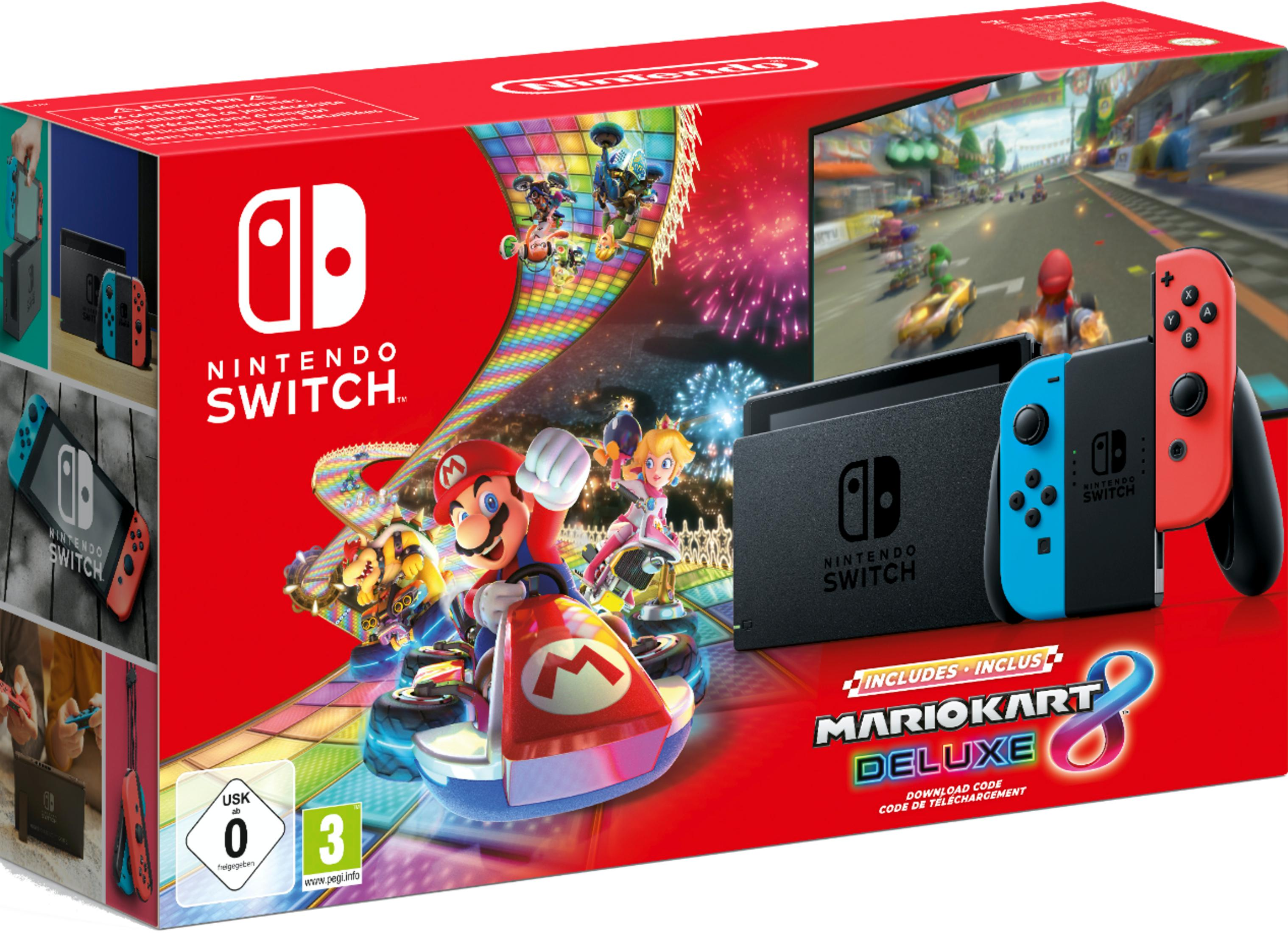 Scatola Nintendo Switch Mario Kart 8 Deluxe con console e Joy-Con.