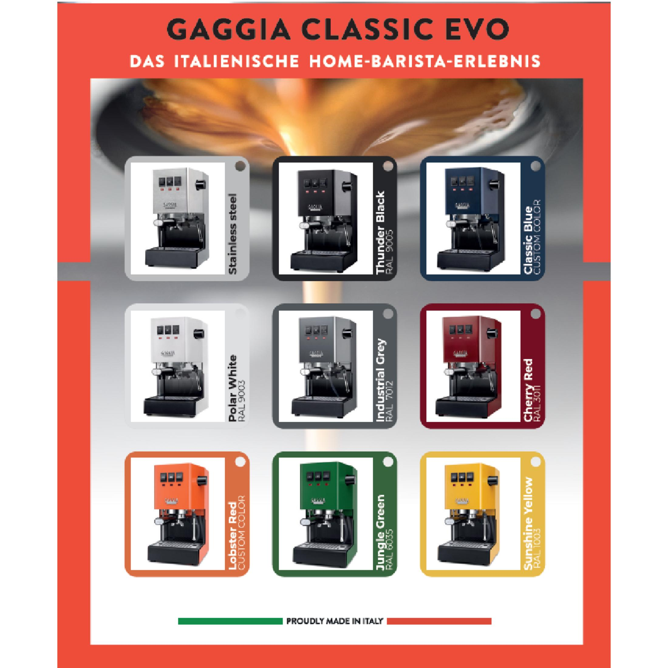 Ekspresy Gaggia Classic Evo w różnych kolorach: stal nierdzewna, czarny, niebieski, biały, szary, czerwony, pomarańczowy, zielony, żółty.
