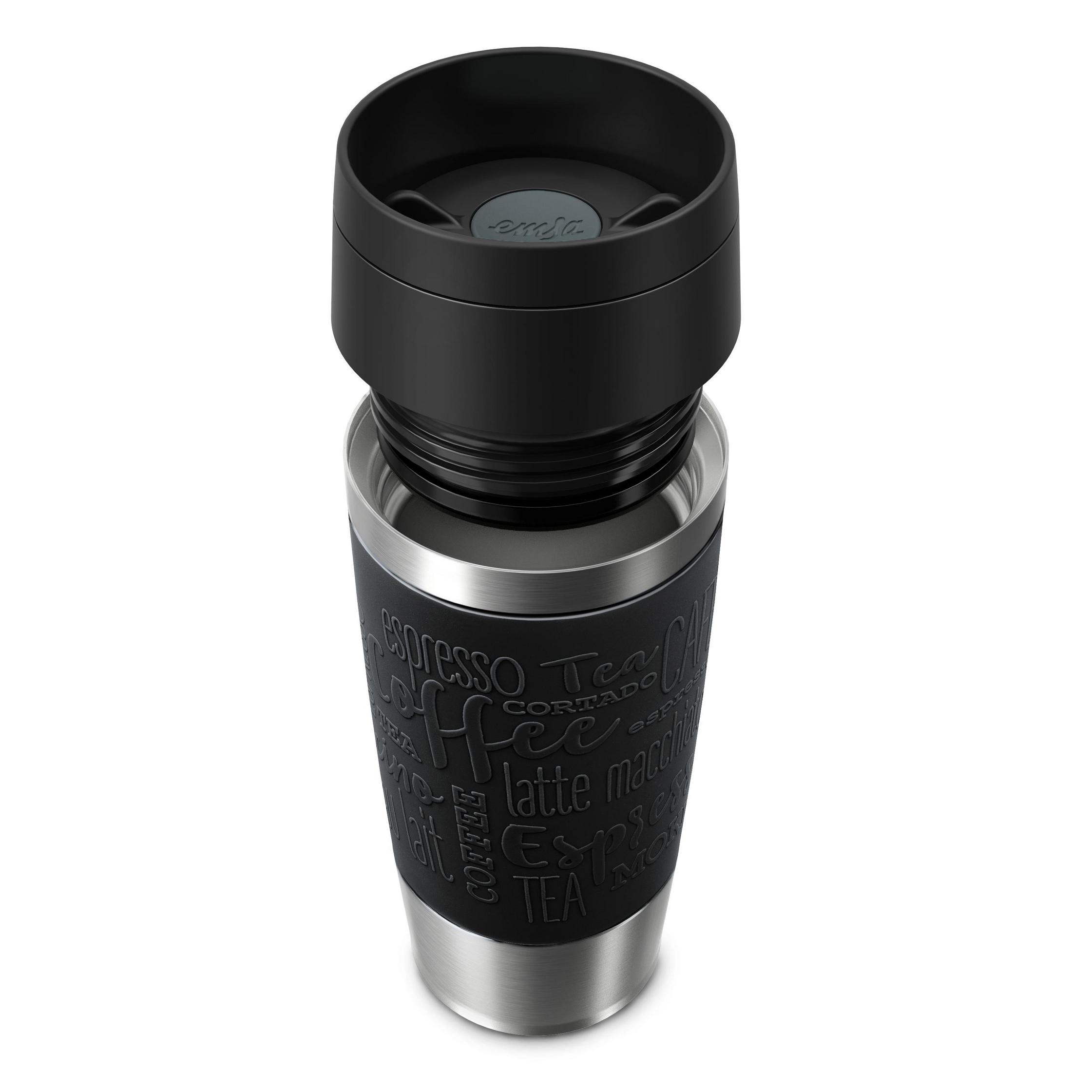 Schwarzer Thermobecher mit silbernem Boden und Kaffee-Motiv.