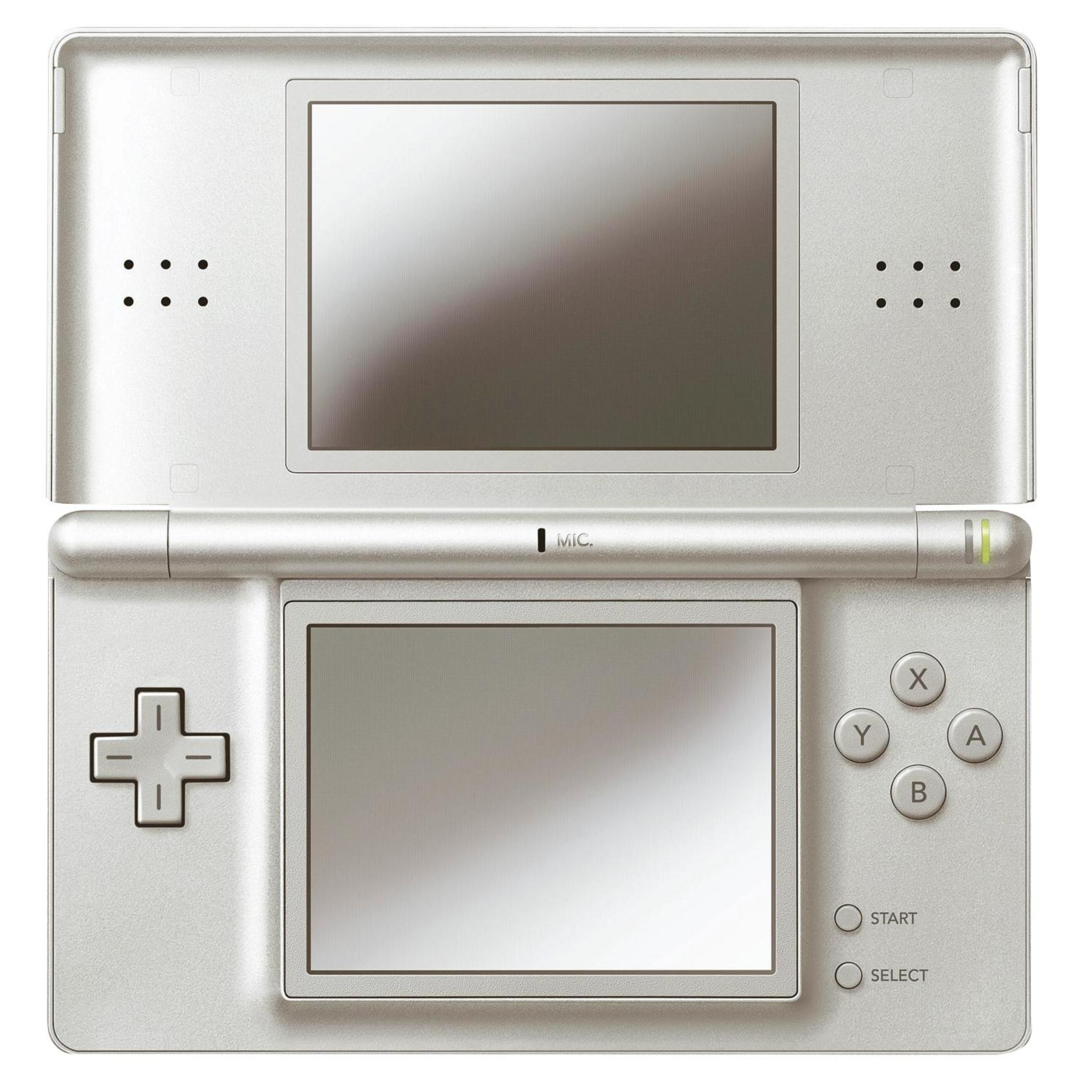 Ein geöffnetes, silbernes Nintendo DS-Gerät mit zwei Bildschirmen und Bedienelementen.