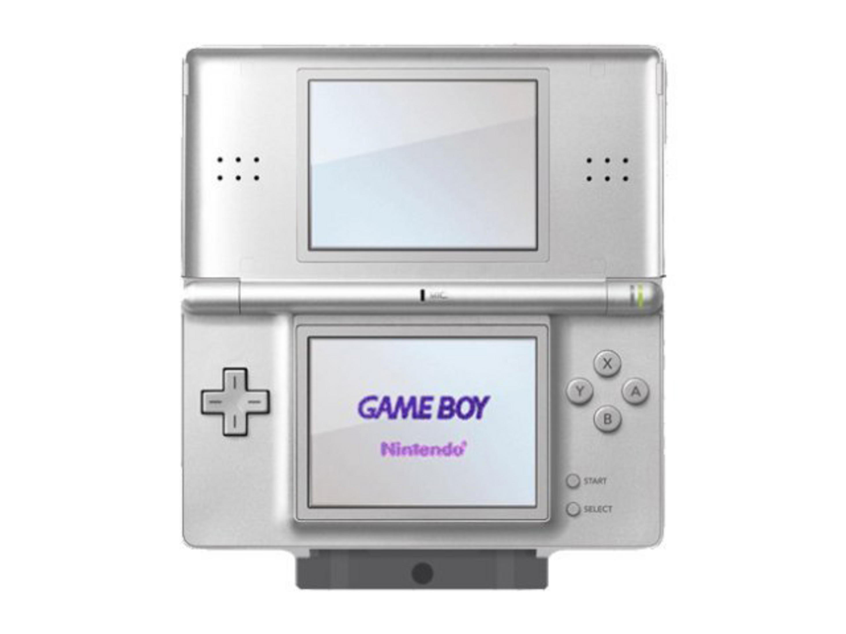 Ein silbernes Nintendo DS-Handheld mit dem Game Boy-Logo auf dem unteren Bildschirm.