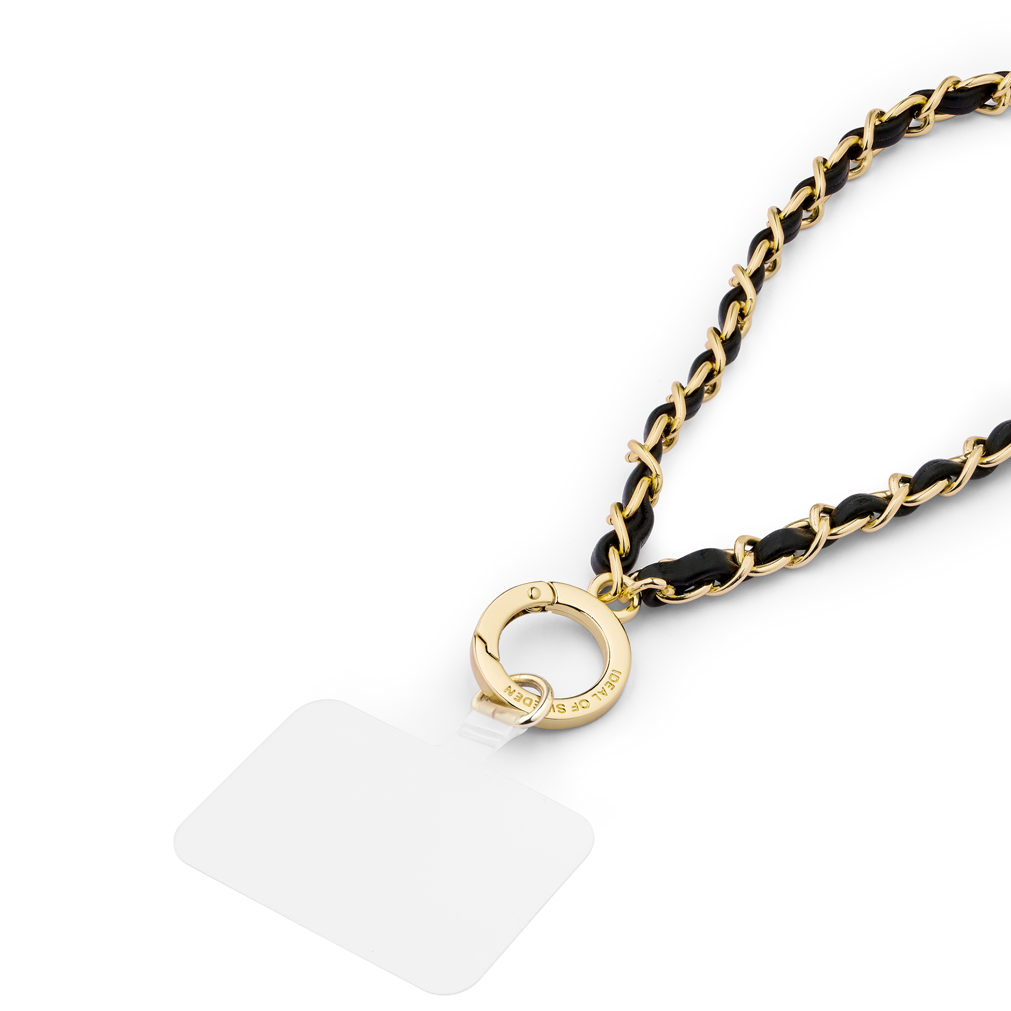 Goldene Kette mit schwarzem Lederimitat, die an einem transparenten Handyhüllen-Adapter befestigt ist.