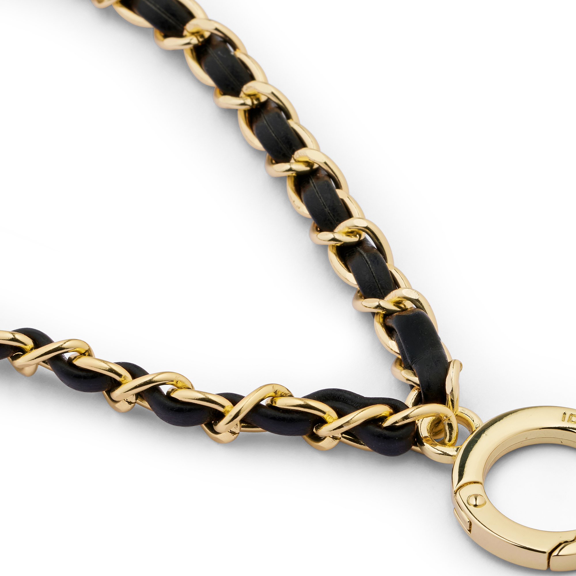 Goldene Kette mit schwarzem Leder und einem goldenen Karabinerverschluss.