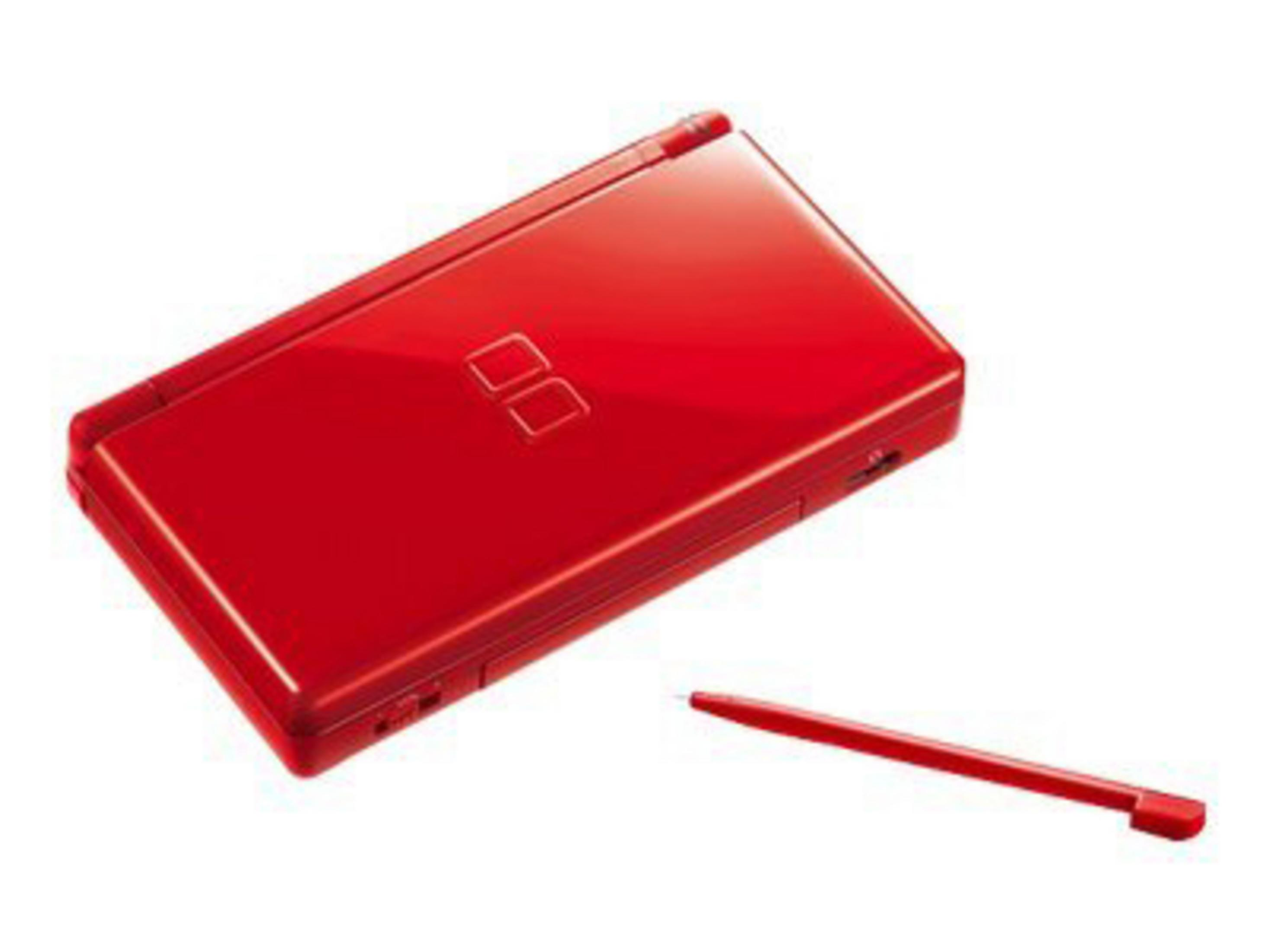 Un Nintendo DS rosso con un pennino rosso su sfondo bianco.