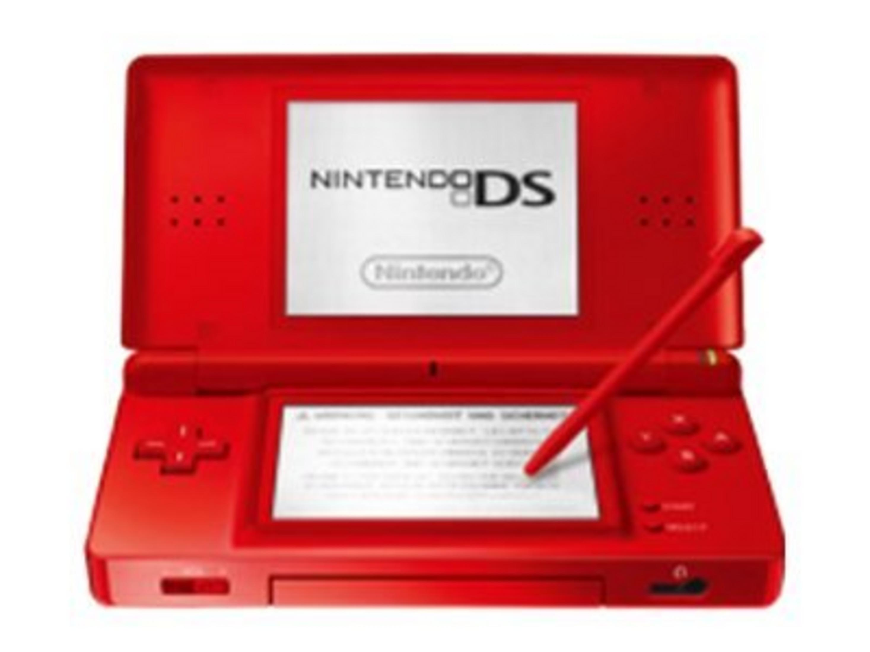 Un Nintendo DS rosso con pennino. Gli schermi mostrano il logo.