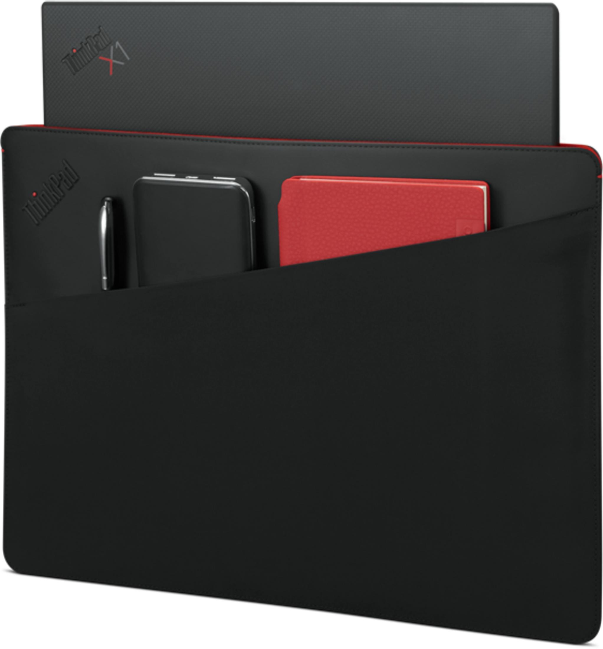 Custodia nera per laptop con laptop, smartphone, penna e taccuino.